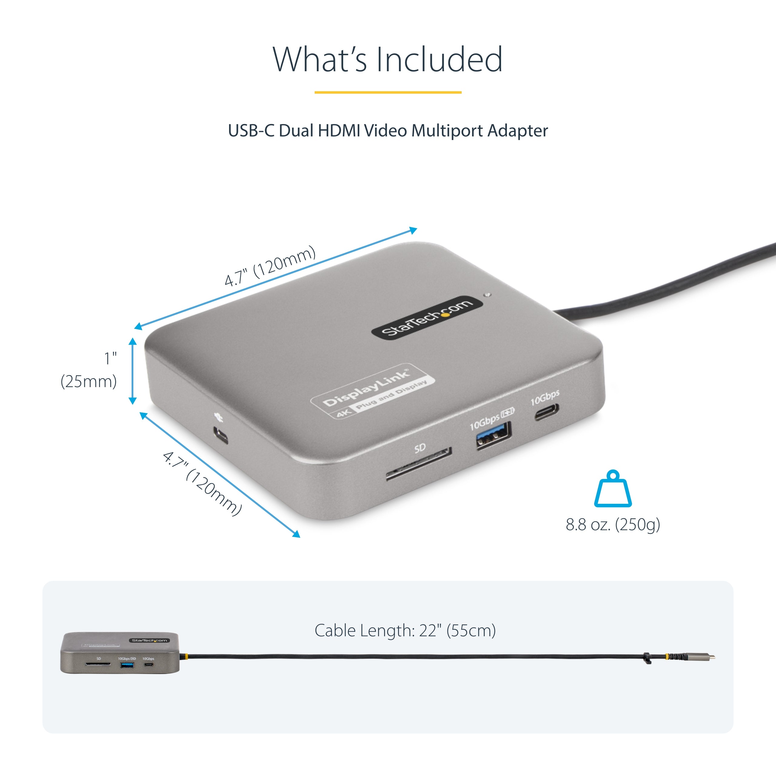 StarTech.com USB C Docking Station, Dual 4K 60Hz HDMI compatible with Macbook Pro (M1/M2/M3/M4) and Windows, USB-A/USB-C 10Gbps Hub, 100W Power Delivery, GbE, SD, 22in/56cm Cable