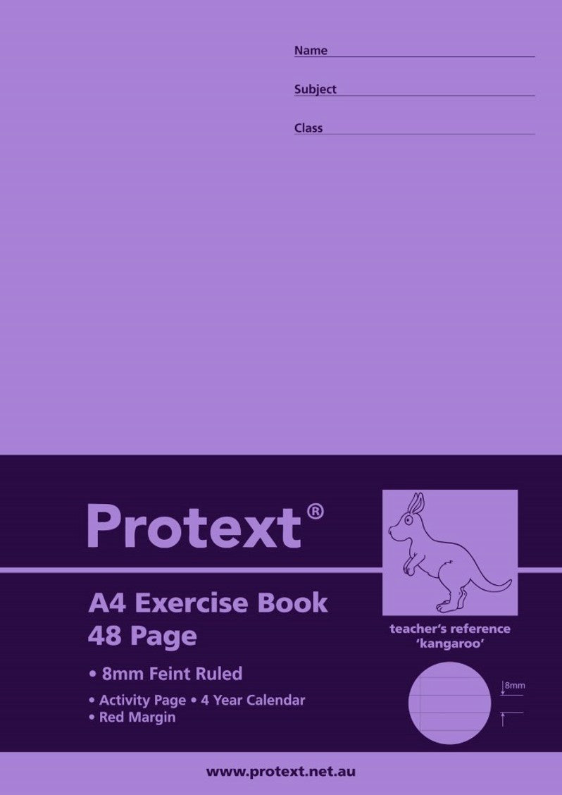 Protext Exercise Book A4 8mm Ruled + Margin PP Cover 48-page Kangaroo (Pack 20)