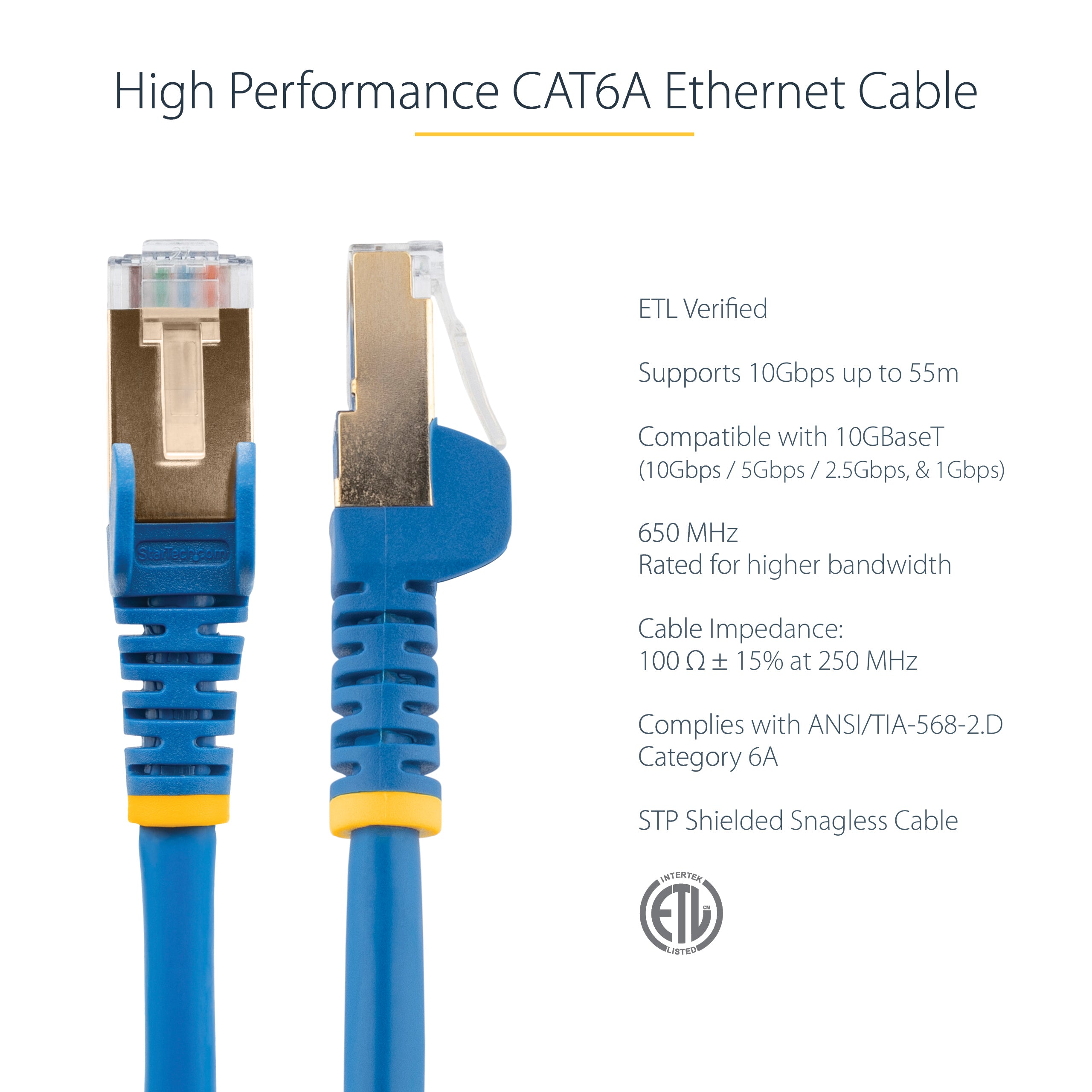 StarTech.com 7m CAT6a Ethernet Cable - 10 Gigabit Shielded Snagless RJ45 100W PoE Patch Cord - 10GbE STP Network Cable w/Strain Relief - Blue Fluke Tested/Wiring is UL Certified/TIA