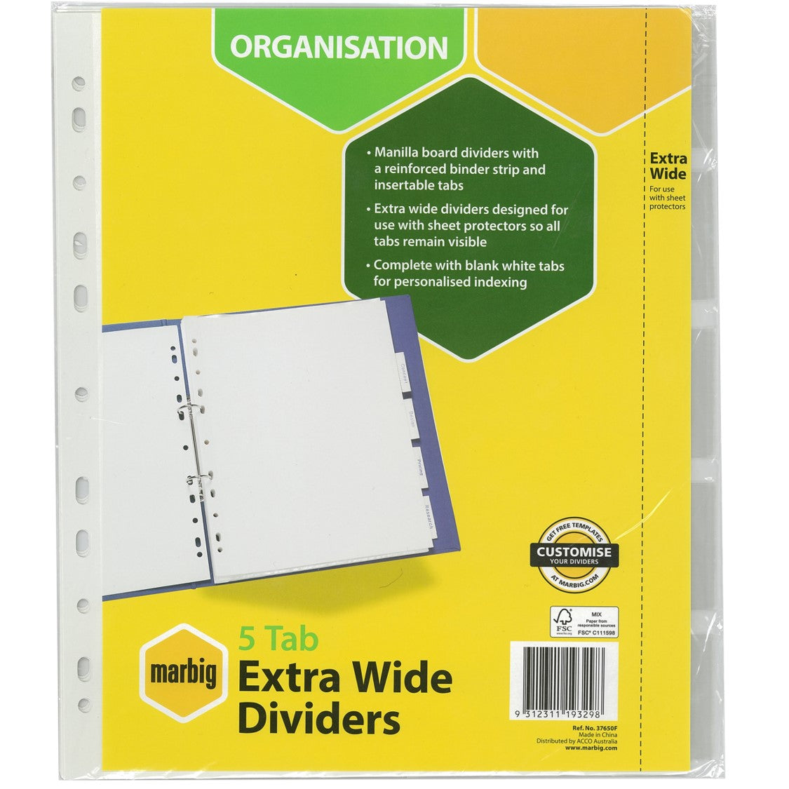 Marbig Dividers A4 Manilla Extra Wide 5 Tab White (Each)