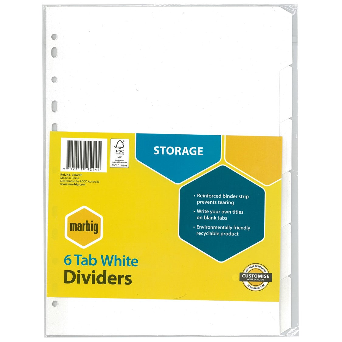 Marbig Dividers A4 Manilla 6 Tab White (Each)