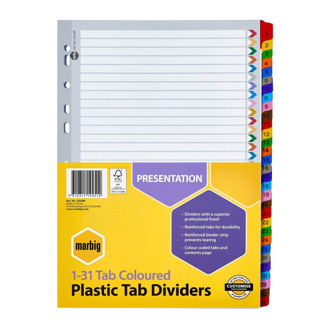 Marbig Dividers A4 Plastic 1-31 Tab (Each)