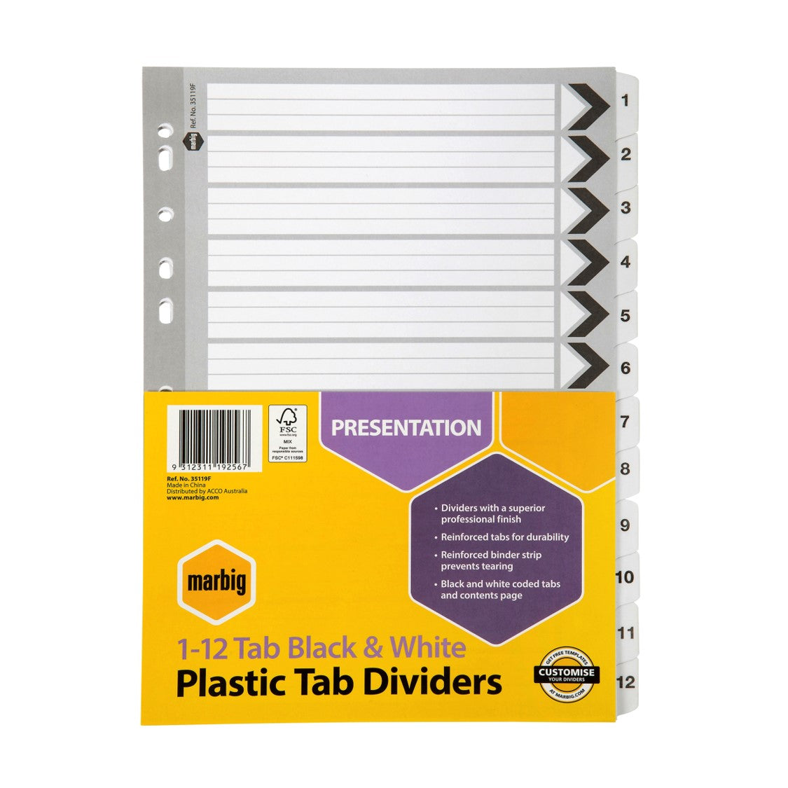 Marbig Dividers A4 Manilla PVC 1-12 Tab BLK/WHT (Each)
