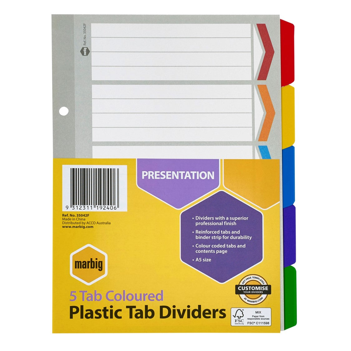 Marbig Dividers A5 5 Tab Rein Brd Assorted Col (Each)