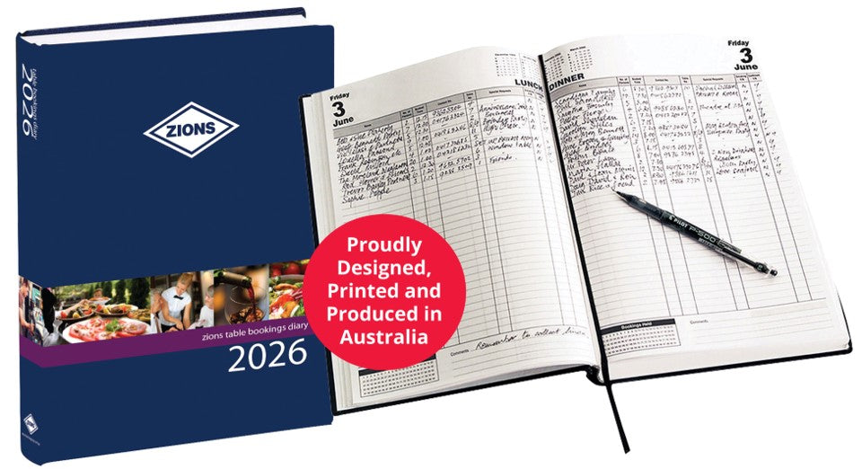 Zions Table Bookings Diary 2026 A4 2PTD Table Booking Aust Made (Each)