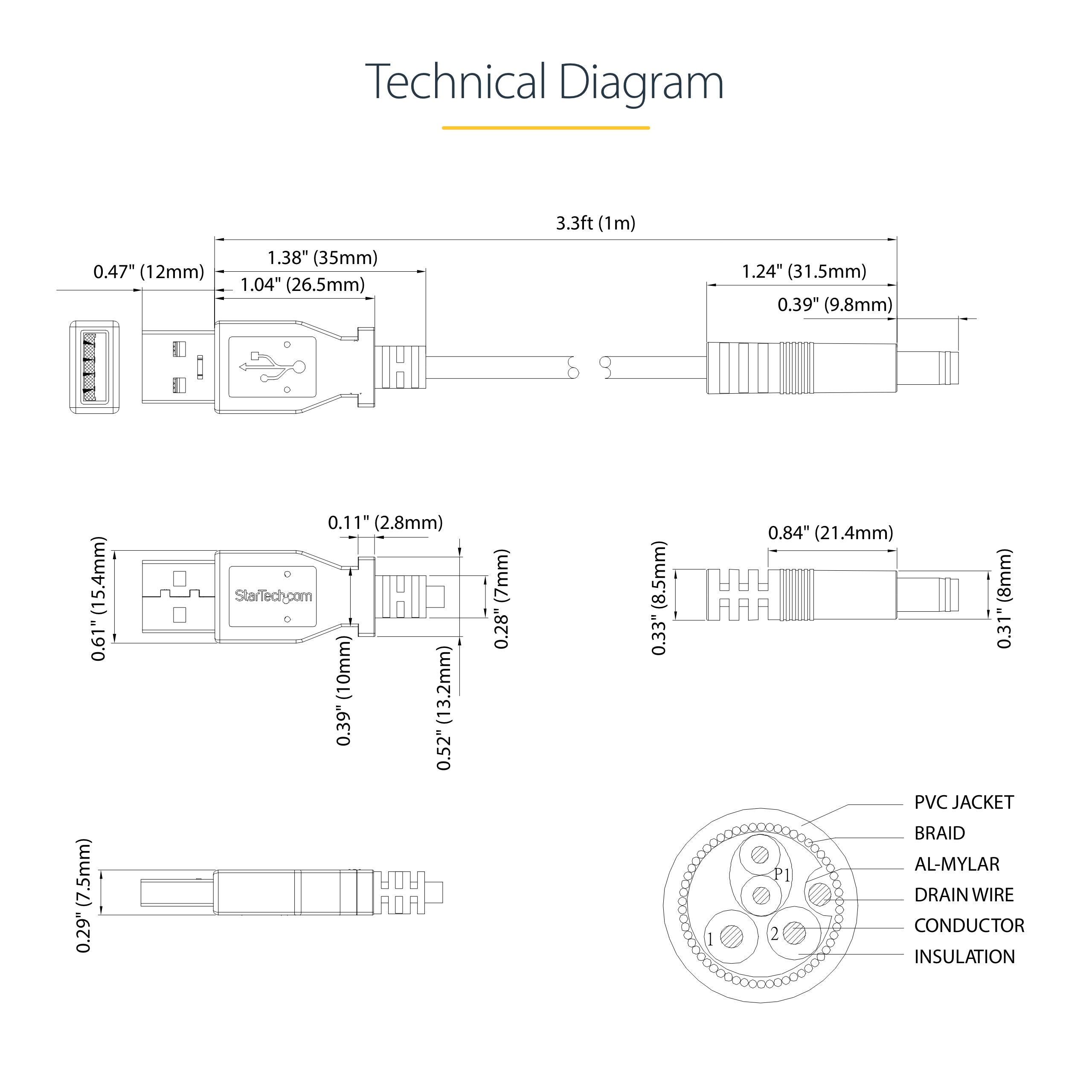 StarTech.com USB to 5.5mm Power Cable - Type N Barrel - 1m
