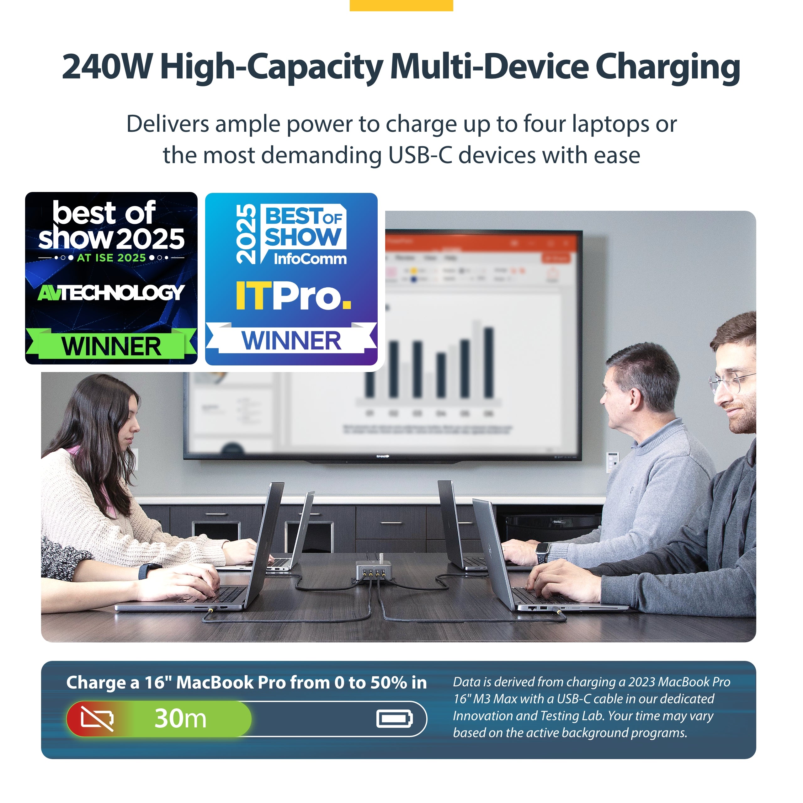 StarTech.com 4-Port Multi-Device USB-C Charger, 240W Total, Single Port 140W EPR, PD 3.1, Screw Locking Ports, Boardrooms, Bracket incl. for Surface Mounting