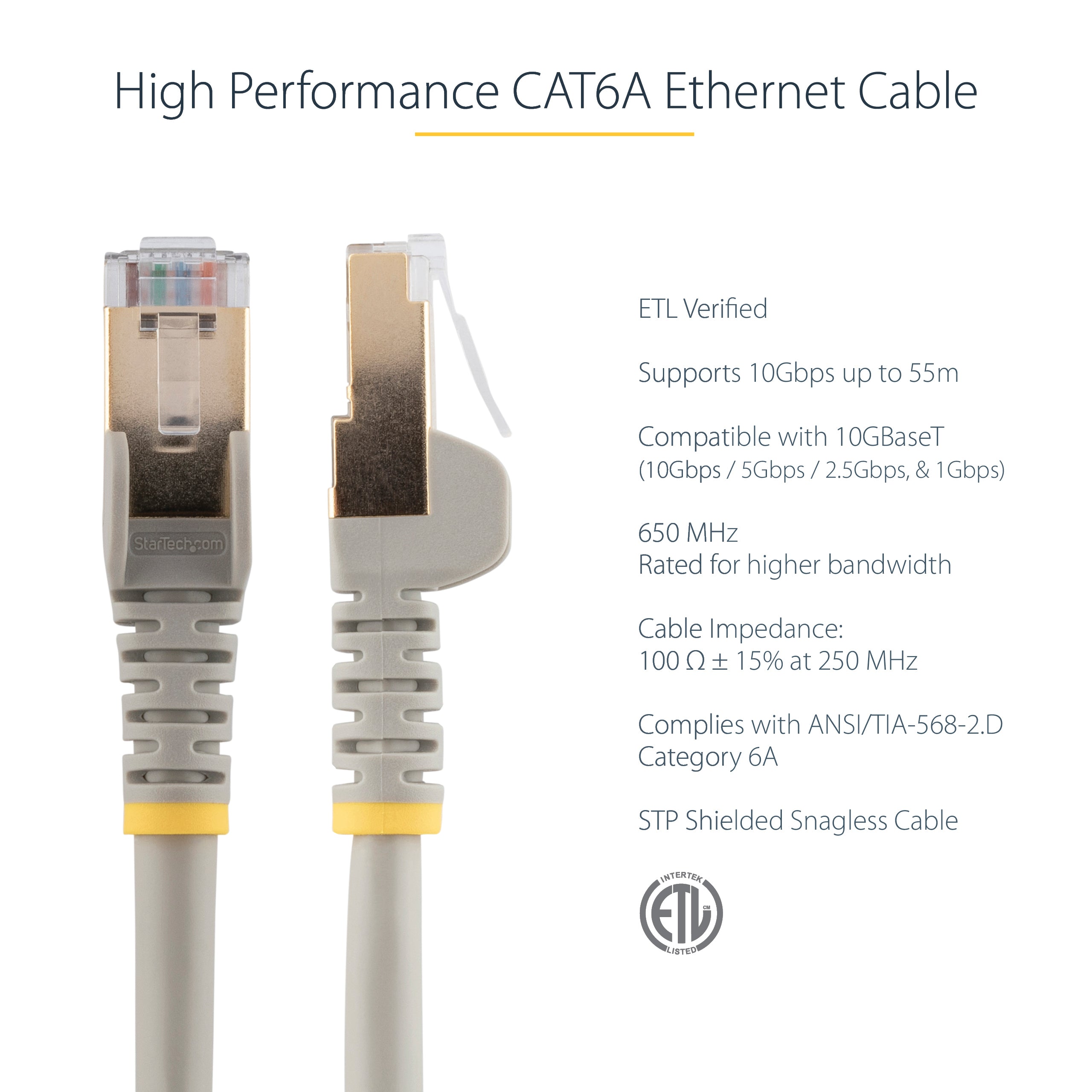 StarTech.com 1m CAT6a Ethernet Cable - 10 Gigabit Shielded Snagless RJ45 100W PoE Patch Cord - 10GbE STP Network Cable w/Strain Relief - Grey Fluke Tested/Wiring is UL Certified/TIA