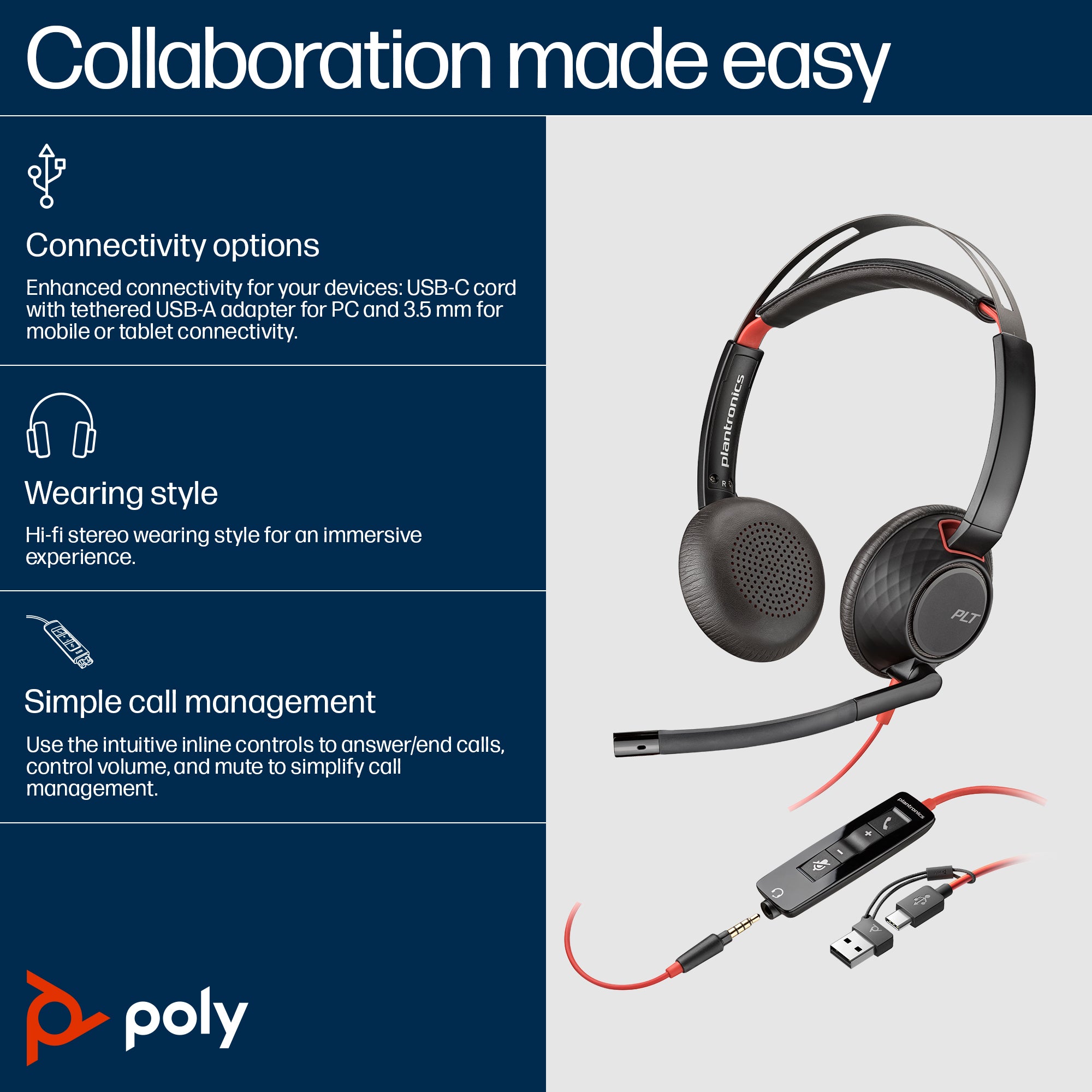 Poly Blackwire C5220 USB-C Headset +Inline Cable (Bulk)
