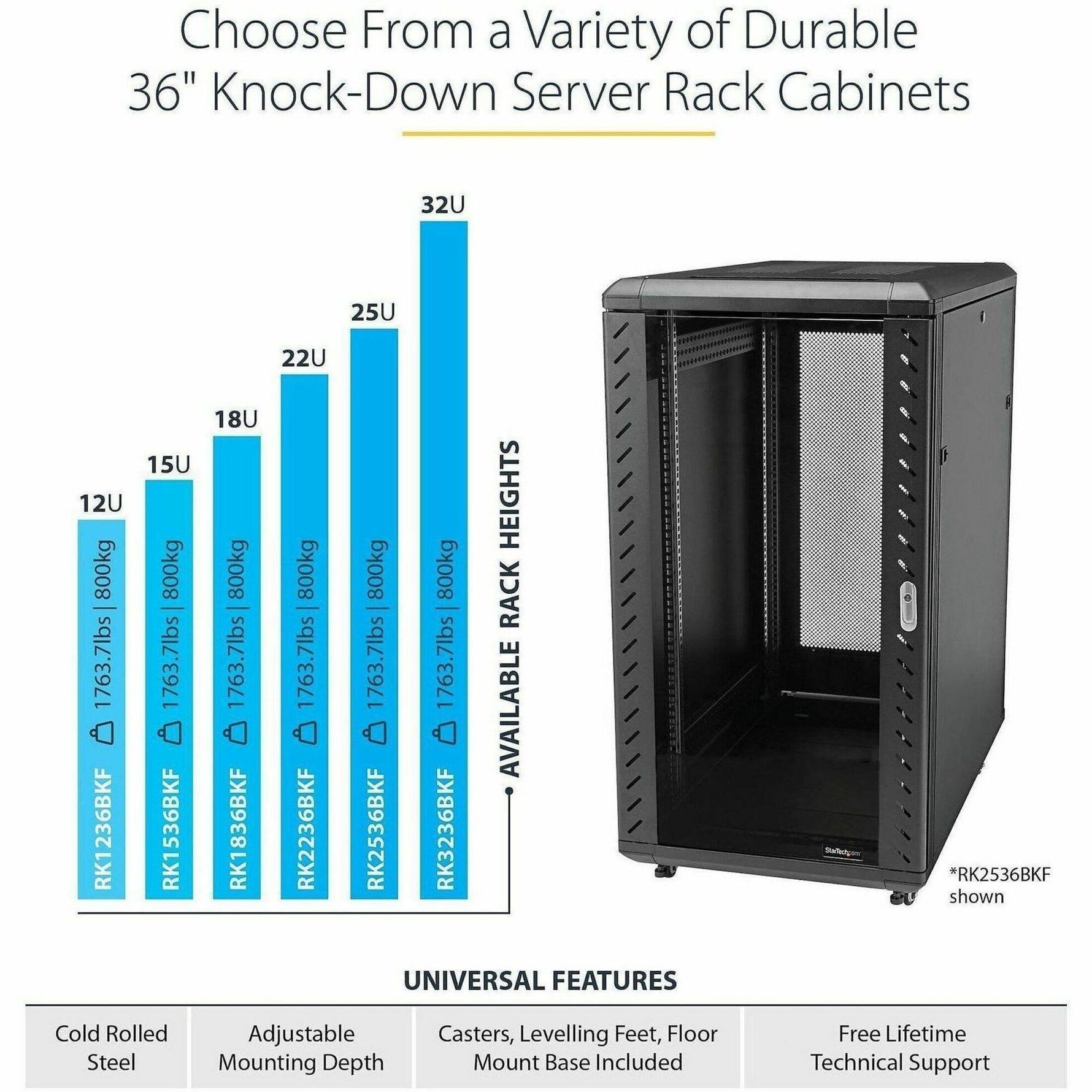 StarTech.com 4-Post 22U Server Rack Cabinet, 19' Data Rack Cabinet for Computer / IT Equipment, Home Network Rack, Half Height Server Rack - Alternate view 13