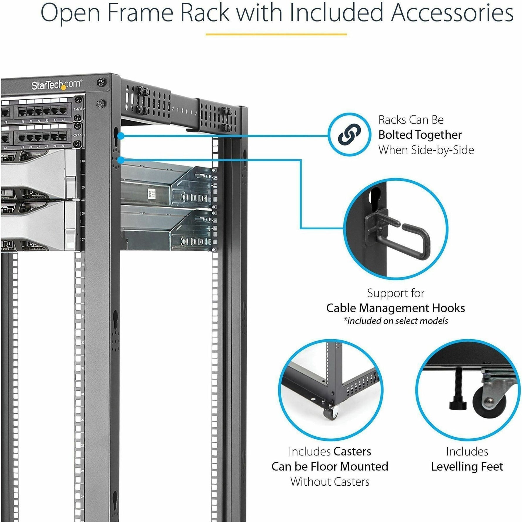 StarTech.com 4-Post 25U Mobile Open Frame Server Rack, 19in Network Rack with Casters, Rolling Rack for Computer/AV/Data/IT Equipment - Alternate view 11