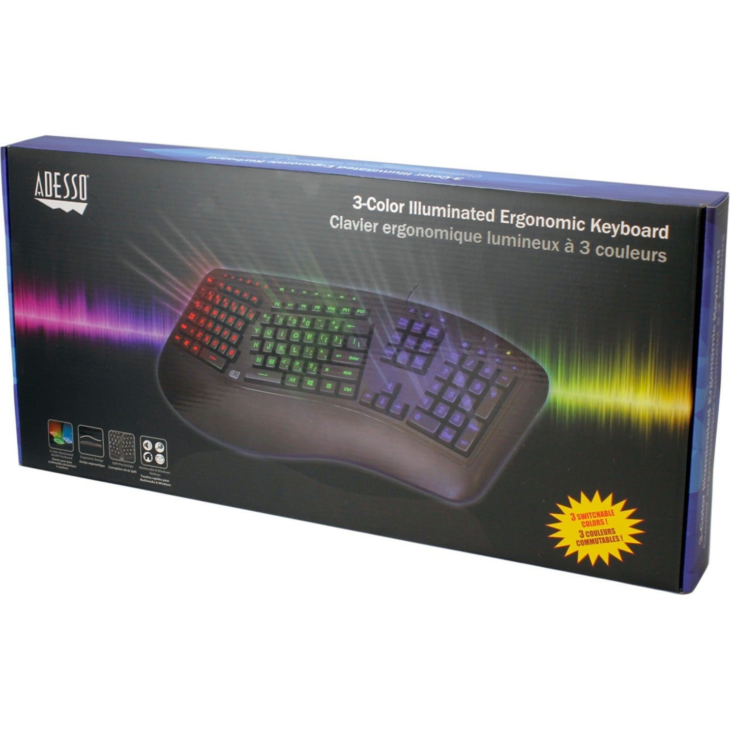 Adesso Tru-Form AKB-150EB Keyboard - Full-size - Cable Connectivity - USB Interface - RGB LED - English (US) - Black - Alternate view 9
