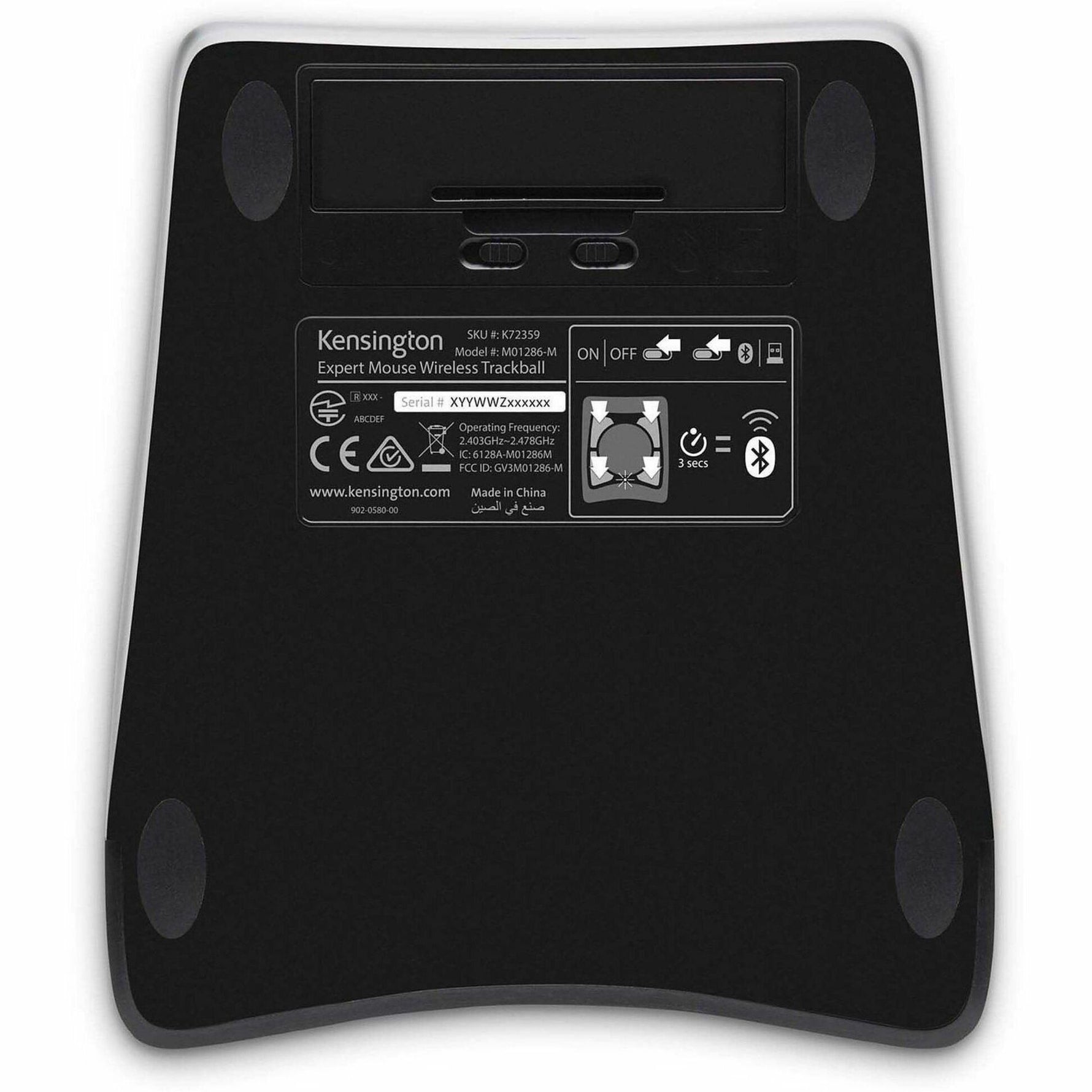 Kensington Expert Mouse Trackball - Bluetooth/Radio Frequency - USB - DiamondEye - 4 Button(s) - Black - 1 Each - Bottom view