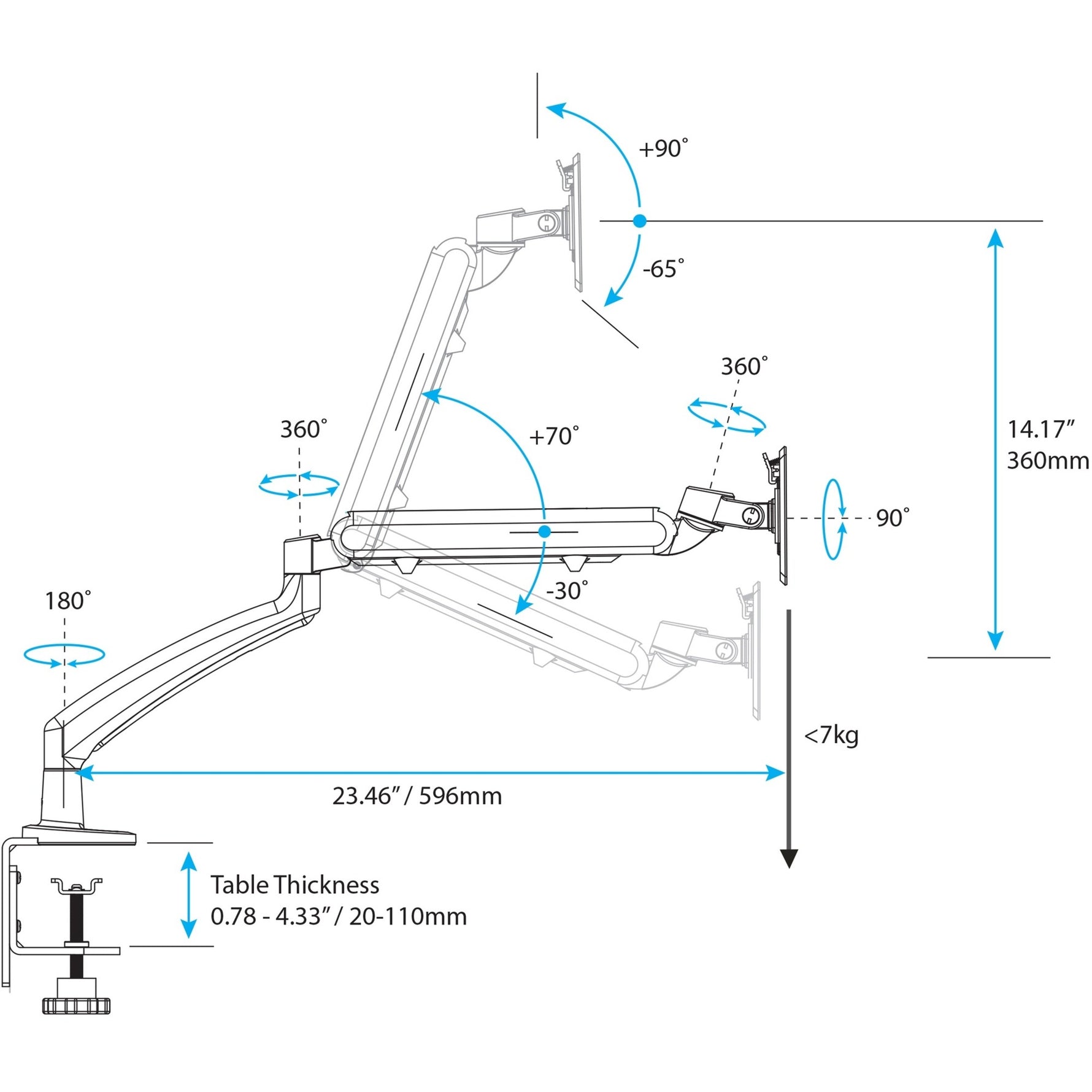 StarTech.com Desk Mount Monitor Arm, Slim Profile, For VESA Mount Monitors up to 34' (15.4lb/7kg), Adjustable Single Monitor Mount, Steel - Bottom view