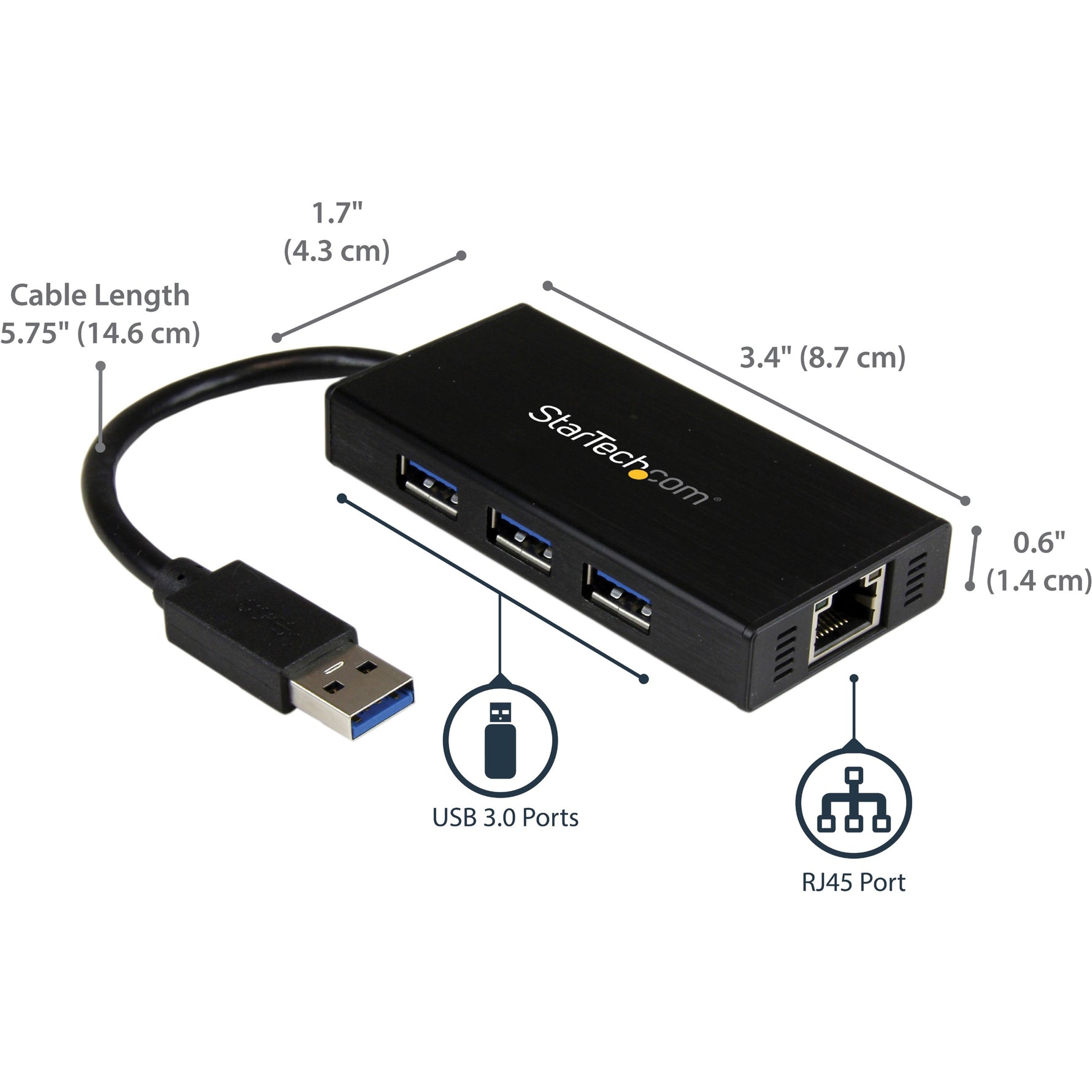StarTech.com 3 Port Portable USB 3.0 Hub with Gigabit Ethernet Adapter NIC - 5Gbps - Aluminum w/ Cable - Alternate view 10
