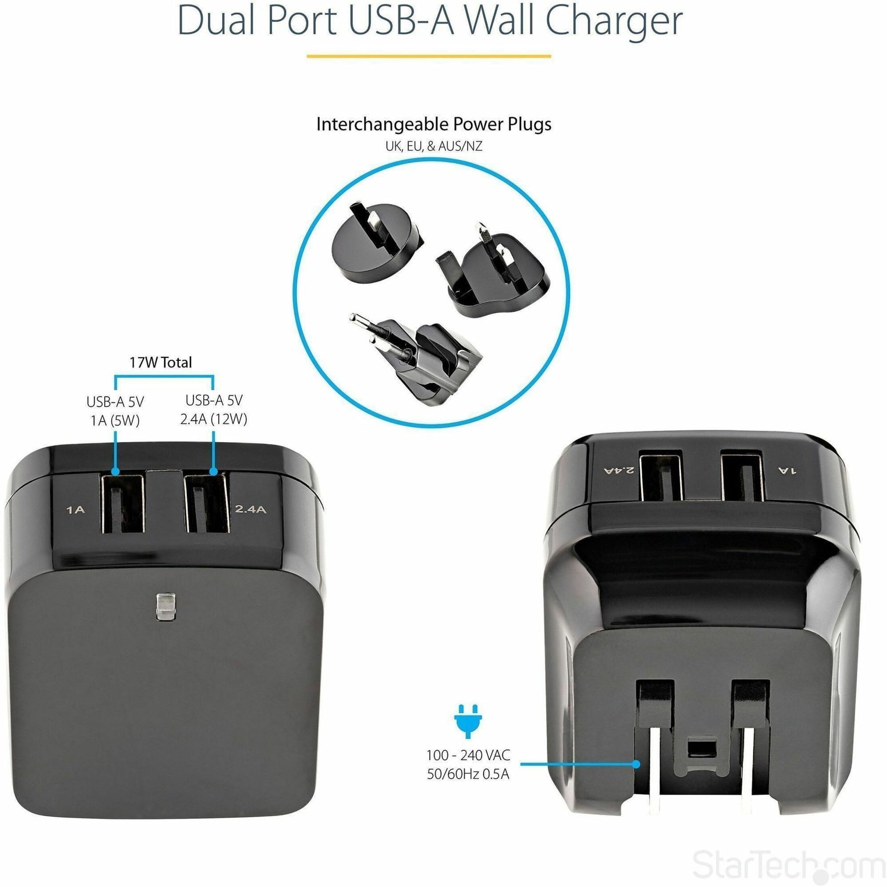 StarTech.com Travel USB Wall Charger - 2 Port - Black - Universal Travel Adapter - International Power Adapter - USB Charger - Alternate view 11