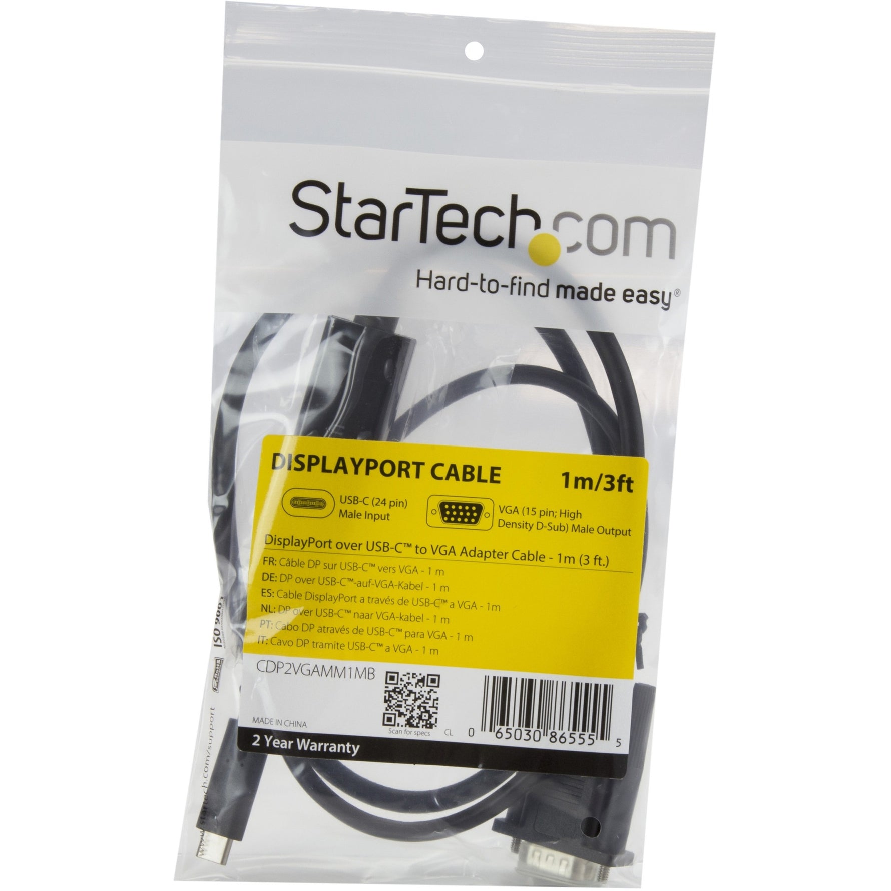 StarTech.com 3ft/1m USB C to VGA Cable - 1920x1200/1080p USB Type C DP Alt Mode to VGA Video Monitor Adapter Cable -Works w/ Thunderbolt 3 - Top view