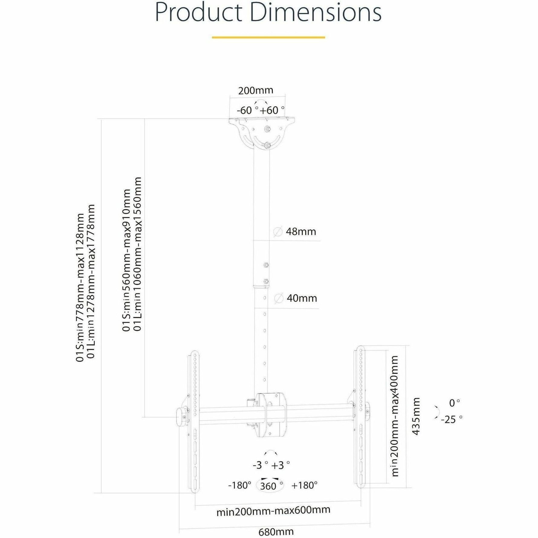 StarTech.com TV Ceiling Mount, Full-Motion Hanging Single Screen Vesa Mount for 32'-75' TVs / Displays - Height Adjustable Telescopic Pole - Alternate view 7