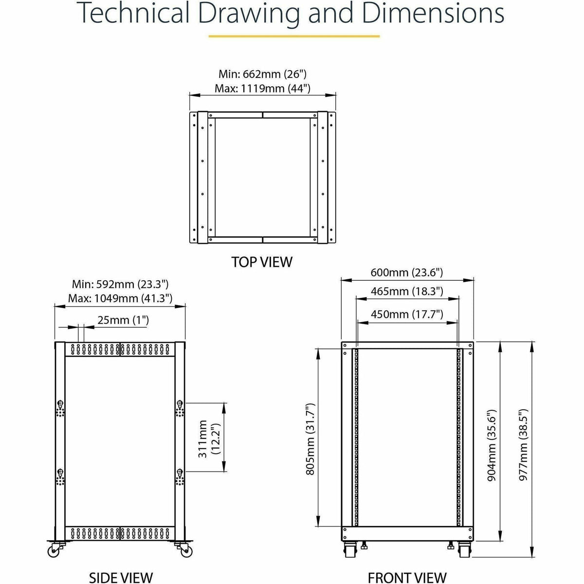 StarTech.com 4-Post 18U Mobile Open Frame Server Rack, 19' Network Rack with Casters, Rolling Rack for Computer/AV/Data/IT Equipment - Alternate view 9
