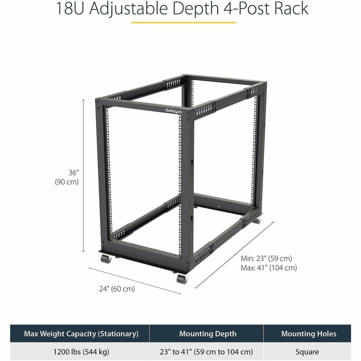 StarTech.com 4-Post 18U Mobile Open Frame Server Rack, 19' Network Rack with Casters, Rolling Rack for Computer/AV/Data/IT Equipment - Alternate view 11