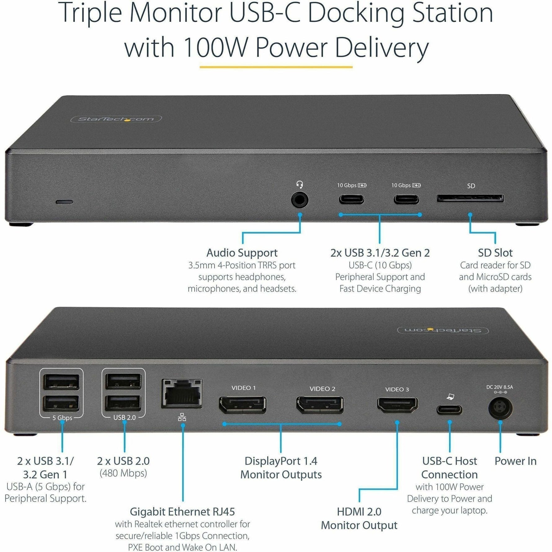 StarTech.com USB C Dock, Triple 4K Monitor USB-C Docking Station with DP 1.4 & DSC, 2x DisplayPort & 1x HDMI, 100W PD, 6x USB (2x 10Gbps) - Alternate view 15