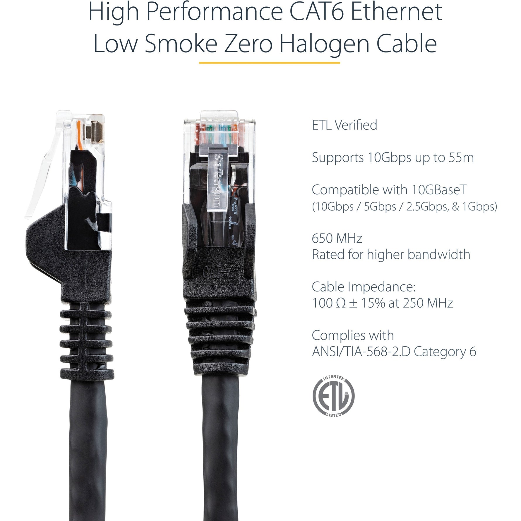 StarTech.com 50cm CAT6 Ethernet Cable, LSZH (Low Smoke Zero Halogen), 10 GbE Snagless 100W PoE UTP RJ45 Black CAT 6 Network Patch Cord ETL - Alternate view 7