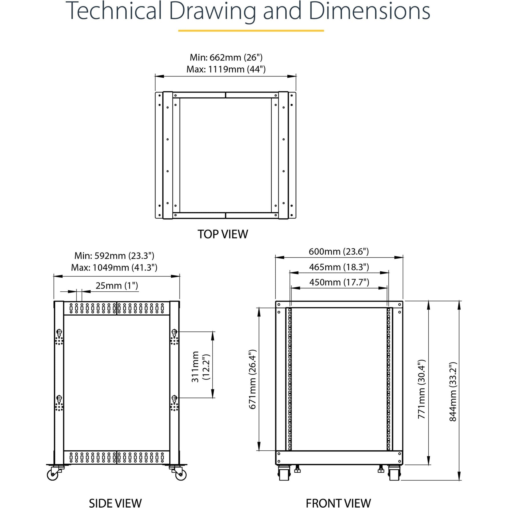 StarTech.com 4-Post 15U Mobile Open Frame Server Rack, 19' Network Rack with Casters, Rolling Rack for Computer/AV/Data/IT Equipment - Alternate view 7