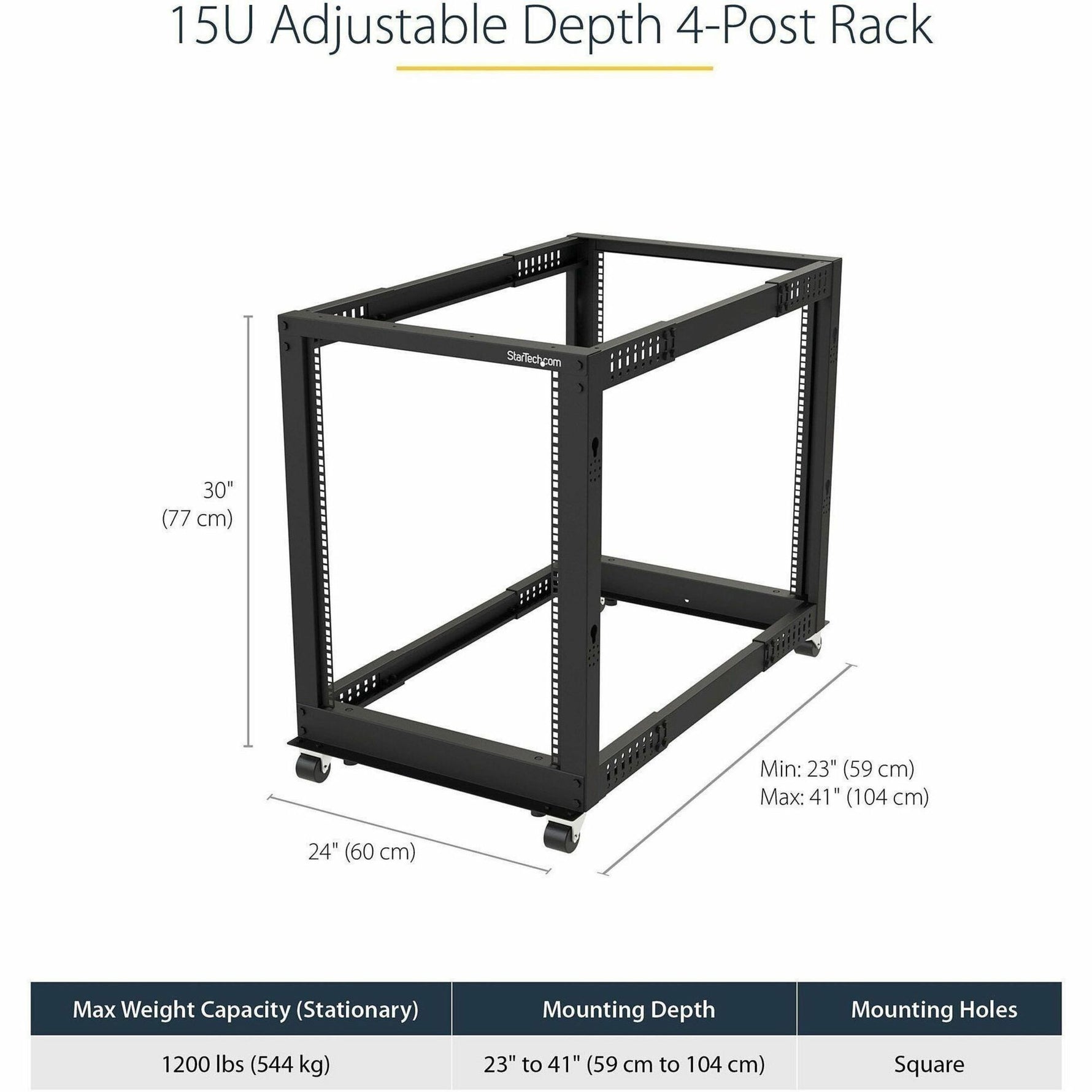 StarTech.com 4-Post 15U Mobile Open Frame Server Rack, 19' Network Rack with Casters, Rolling Rack for Computer/AV/Data/IT Equipment - Alternate view 12