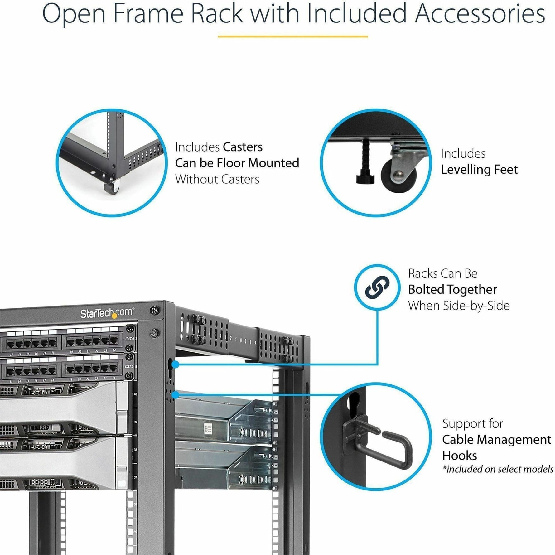 StarTech.com 4-Post 15U Mobile Open Frame Server Rack, 19' Network Rack with Casters, Rolling Rack for Computer/AV/Data/IT Equipment - Alternate view 10