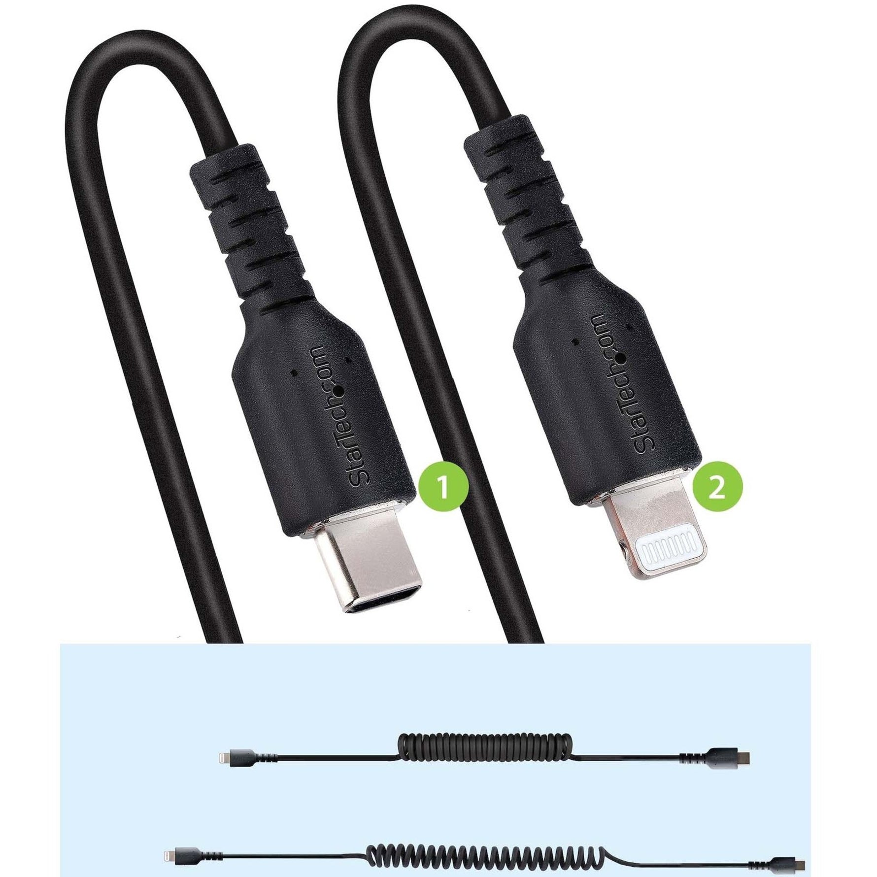 StarTech.com 1m (3ft) USB C to Lightning Cable, MFi Certified, Coiled iPhone Charger Cable, Black, Durable TPE Jacket Aramid Fiber - Alternate view 7