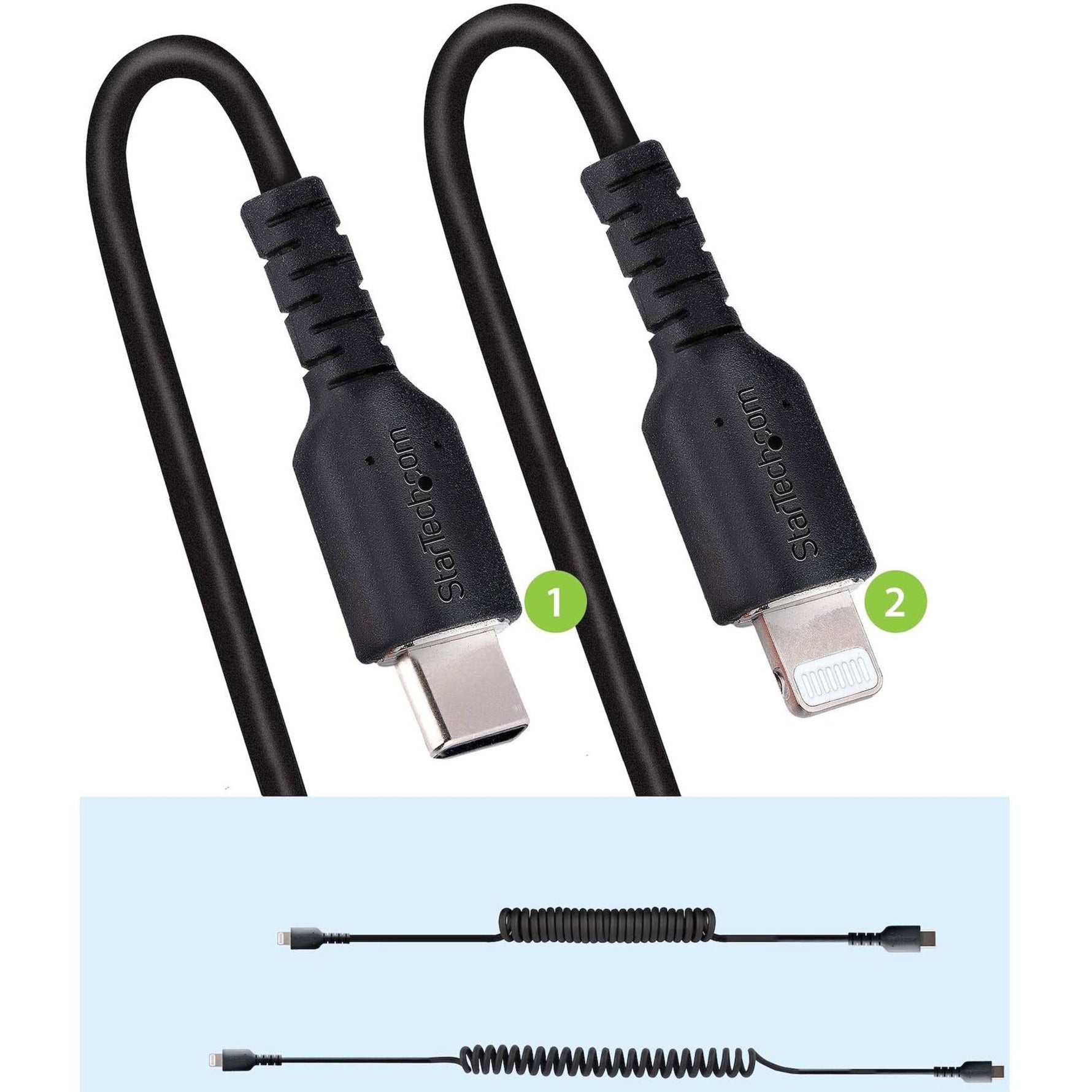 StarTech.com 50cm / 20in USB C to Lightning Cable, MFi Certified, Coiled iPhone Charger Cable, Black, TPE Jacket Aramid Fiber - Alternate view 7