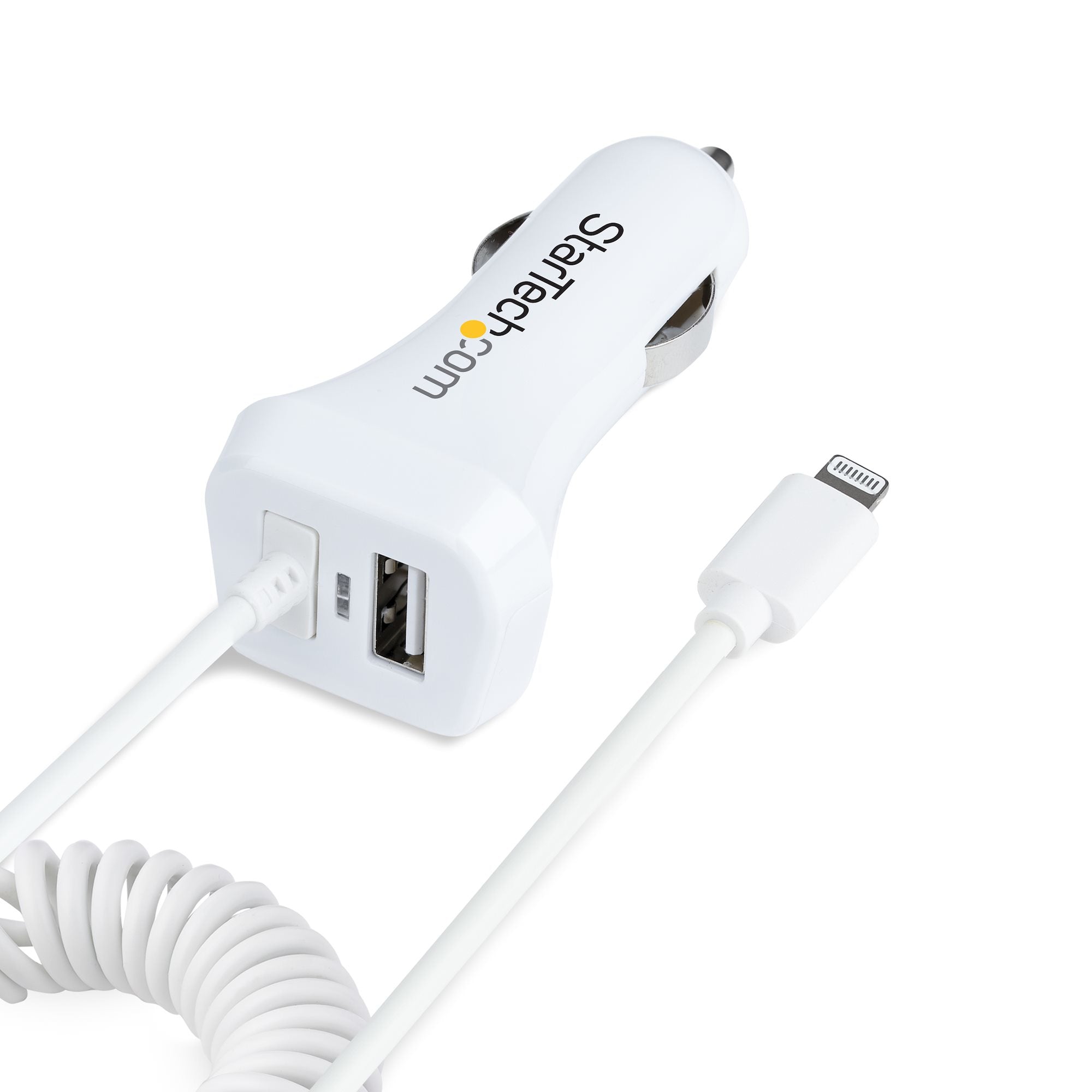 StarTech.com Lightning Car Charger with Coiled Cable, 1m Coiled Lightning Cable, 12W, White, 2 Port USB Car Charger Adapter for Phones and Tablets, Dual USB In Car iPhone Charger