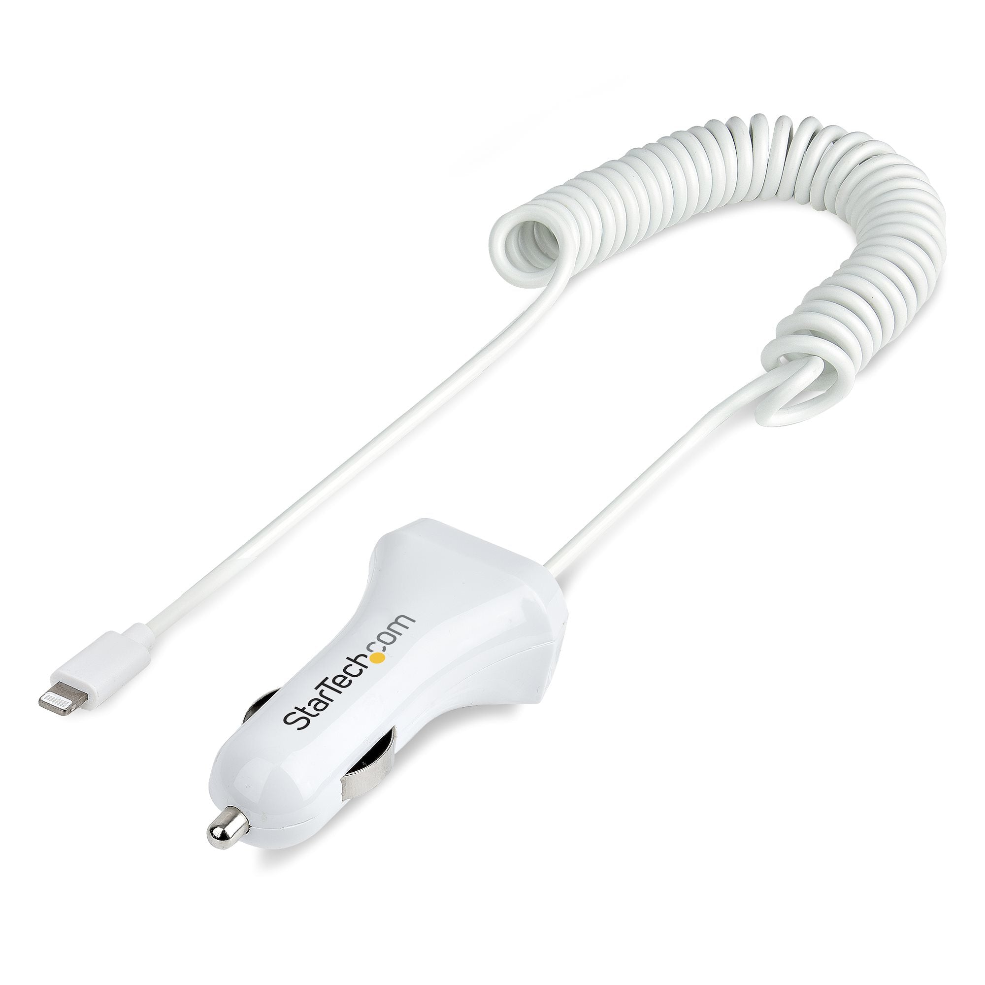 StarTech.com Lightning Car Charger with Coiled Cable, 1m Coiled Lightning Cable, 12W, White, 2 Port USB Car Charger Adapter for Phones and Tablets, Dual USB In Car iPhone Charger
