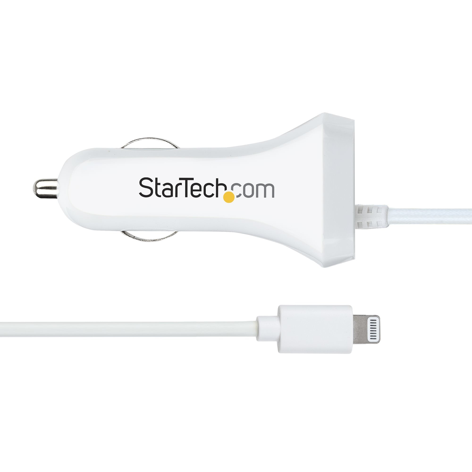StarTech.com Lightning Car Charger with Coiled Cable, 1m Coiled Lightning Cable, 12W, White, 2 Port USB Car Charger Adapter for Phones and Tablets, Dual USB In Car iPhone Charger