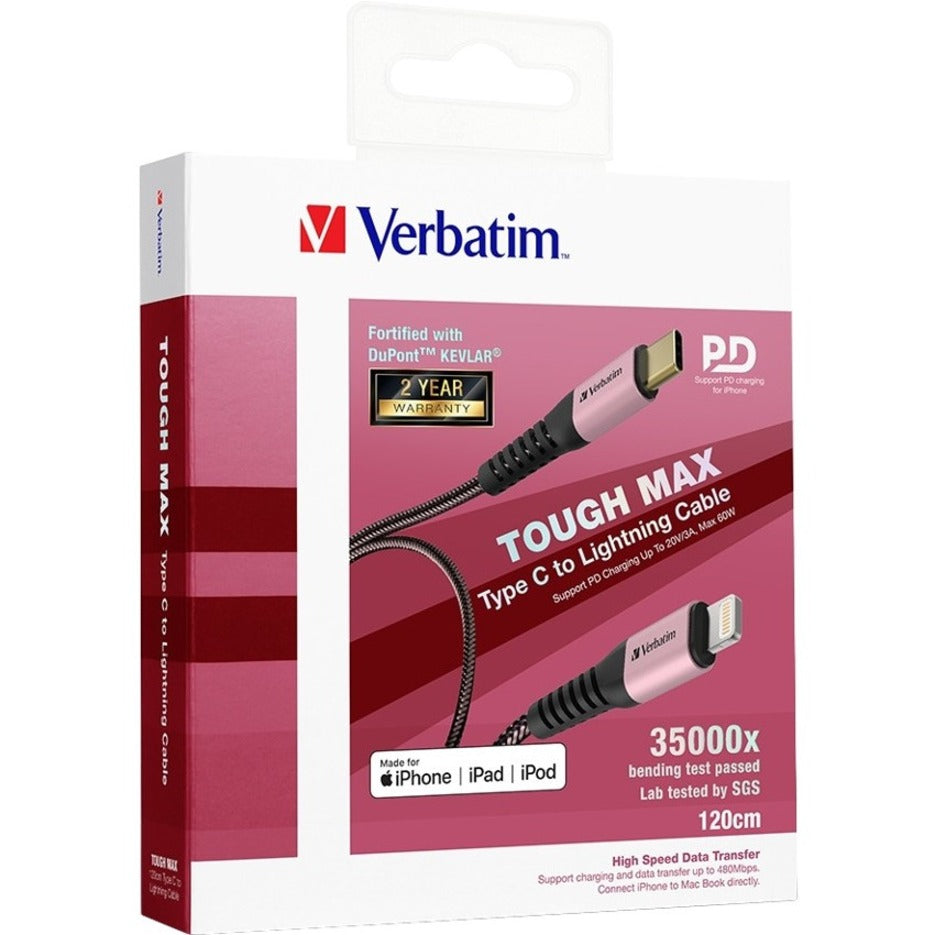 Verbatim Tough Max 1.20 m Lightning/USB-C Data Transfer Cable for iPhone, iPad, iPod, Computer