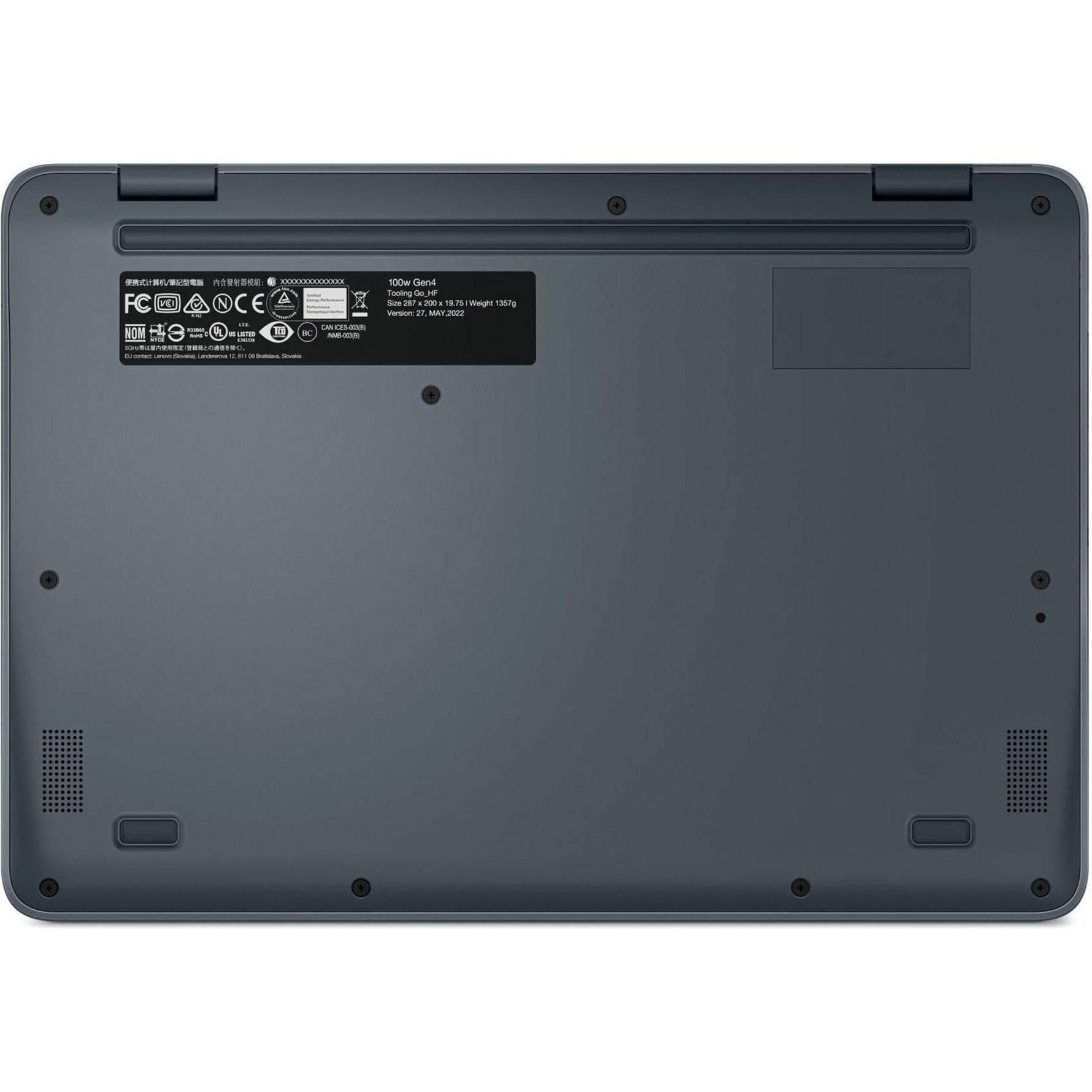 Lenovo 100w Gen 4 82VLS02400 11.6' Notebook - HD - Intel N-Series N100 - 4 GB - 128 GB SSD - English (US) Keyboard - Slate Grey - Bottom view