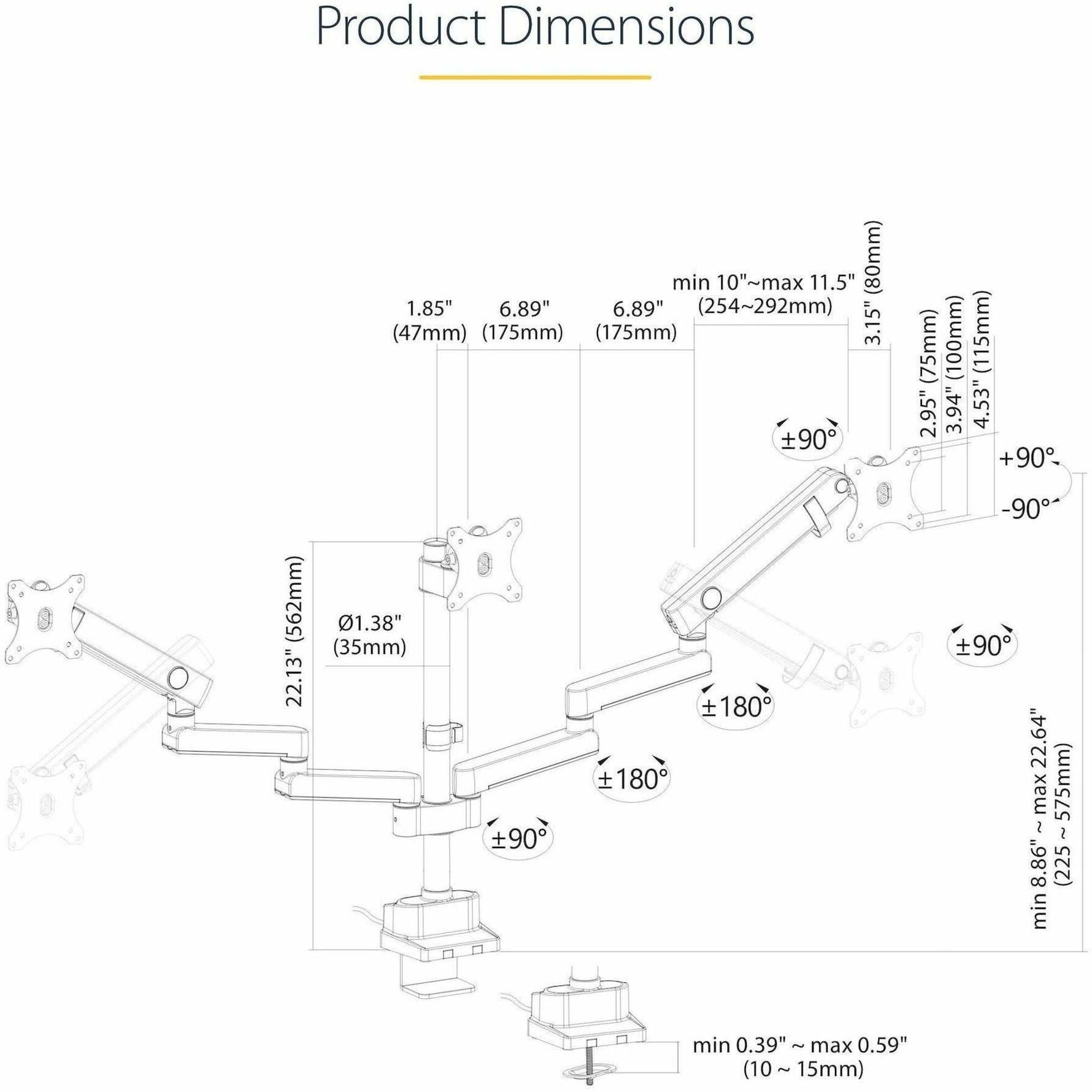 StarTech.com Triple Monitor Desk Mount For Up To Three 27in Screens, VESA 75x75/100x100, Tool-Less Arm Adjustments, C-Clamp/Grommet - Alternate view 7