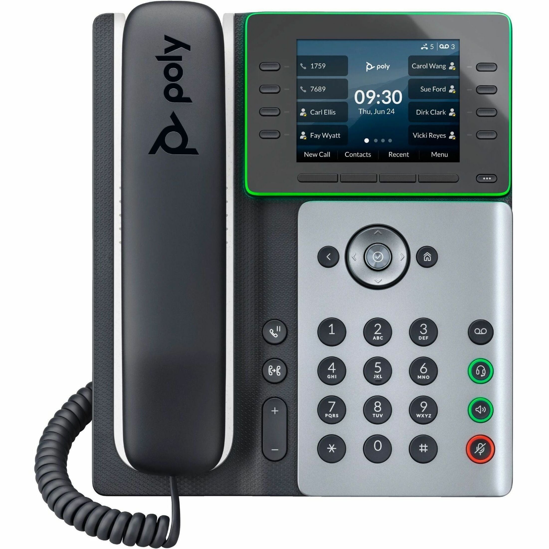 Poly Edge E350 IP Phone - Corded - Corded/Cordless - Wi-Fi, Bluetooth, NFC - 3 Multiple Conferencing - Desktop, Wall Mountable - Black - TAA Compliant - Left view