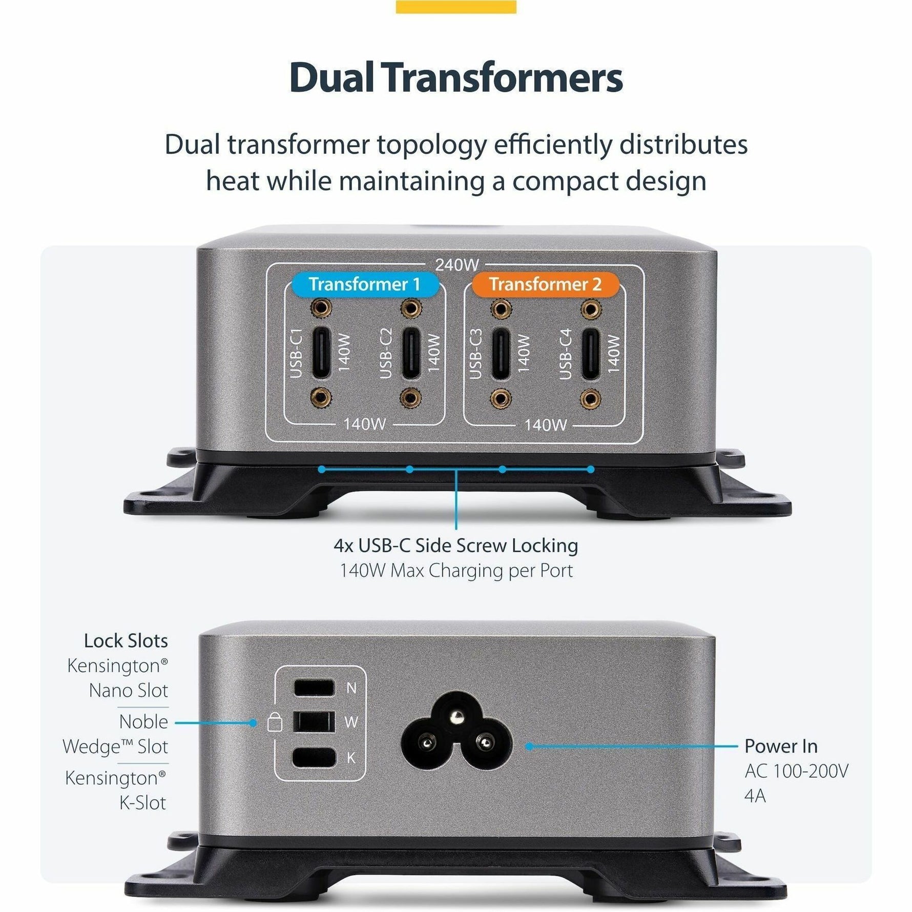 StarTech.com 4-Port Multi-Device USB-C Charger, 240W Total, Single Port 140W EPR, Screw Locking Ports, Ideal for Boardrooms - Alternate view 7