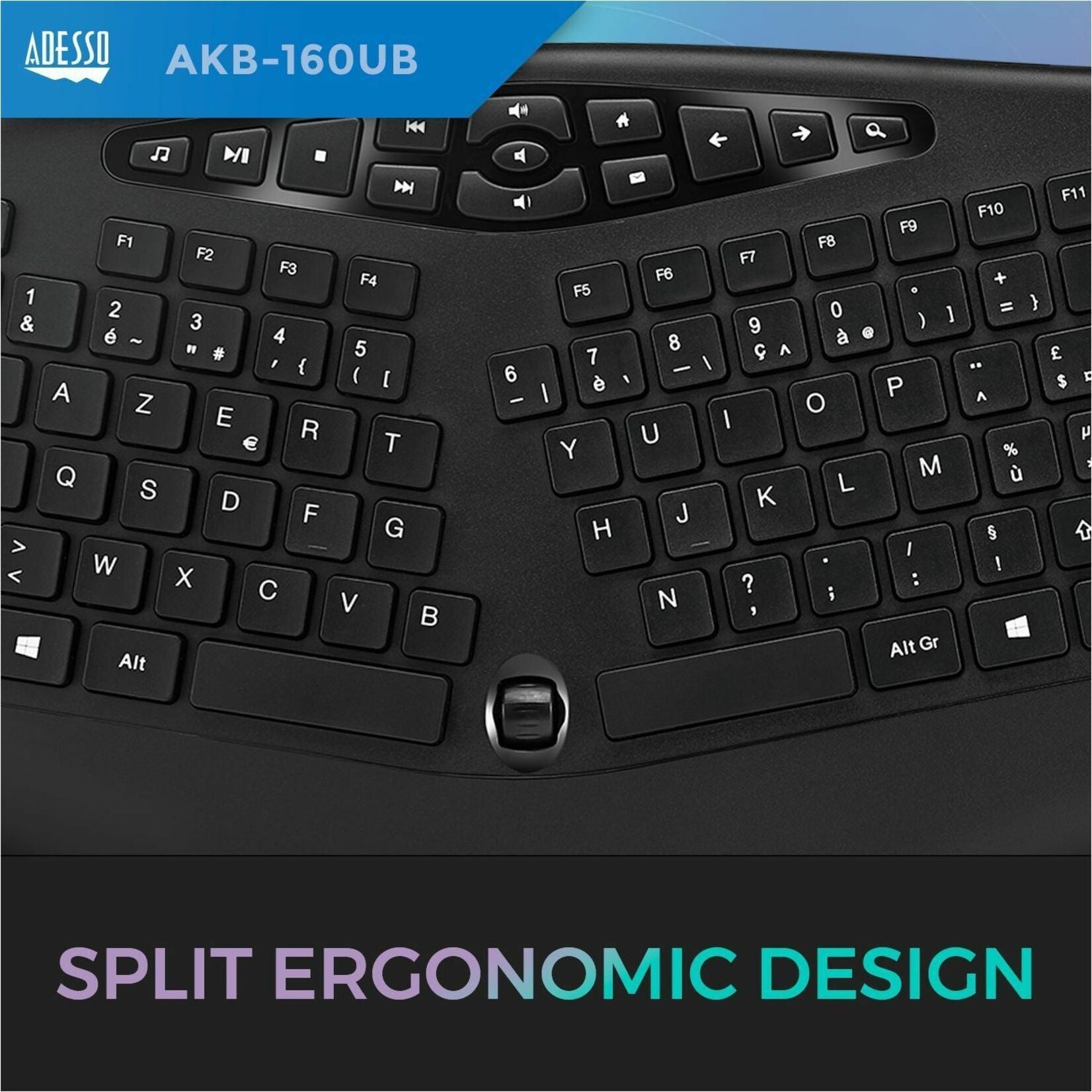 Adesso Tru-Form 160 Rugged Keyboard - Full-size - Cable Connectivity - USB Interface - Scroll Wheel - English (US) - Black - Alternate view 12