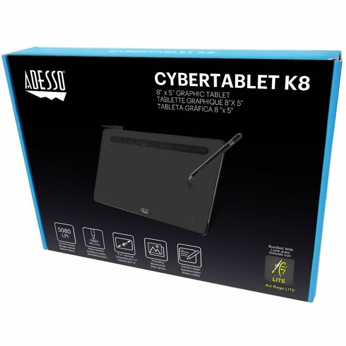 Adesso CyberTablet K8 Graphics Tablet - 5080 lpi - Cable - Black - Alternate view 10