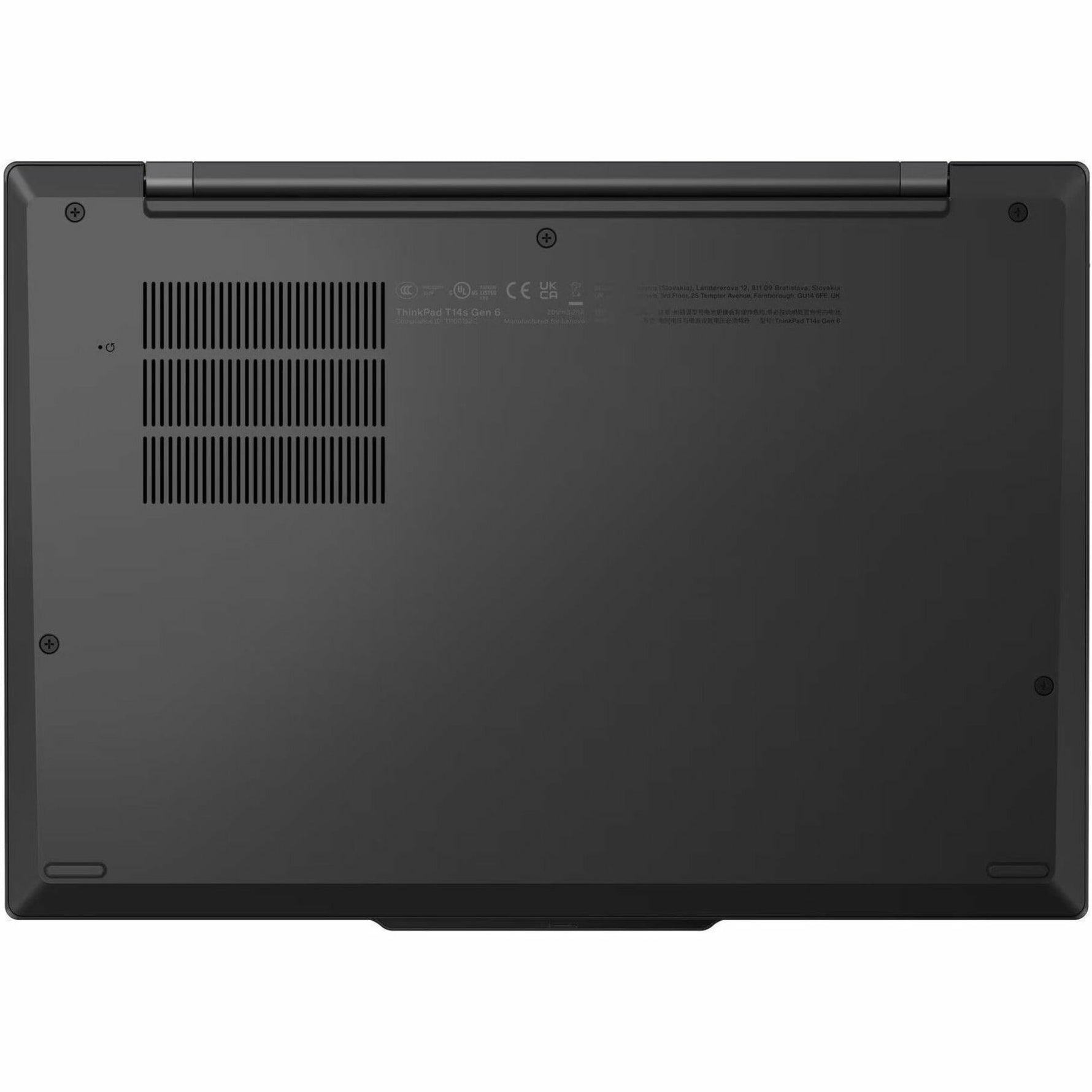 Lenovo ThinkPad T14s Gen 6 21R1002KAU 14' Notebook - WUXGA - 60 Hz - Intel Core Ultra 7 255H - 32 GB - 512 GB SSD - English Keyboard - Black - Bottom view