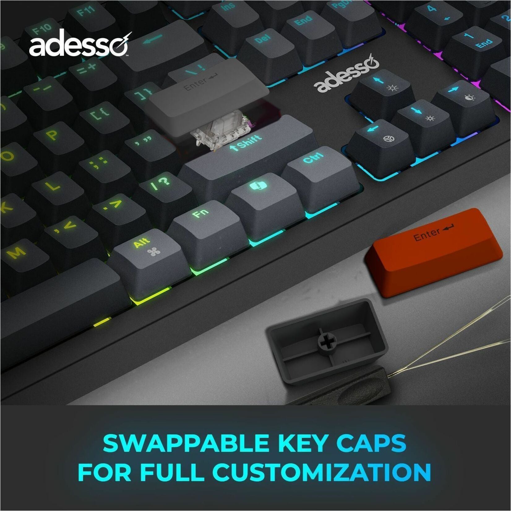 Adesso Easy Touch 1300 Keyboard - Full-size - Wired/Wireless Connectivity - USB Type C Interface - RGB LED - English (US) - Alternate view 6