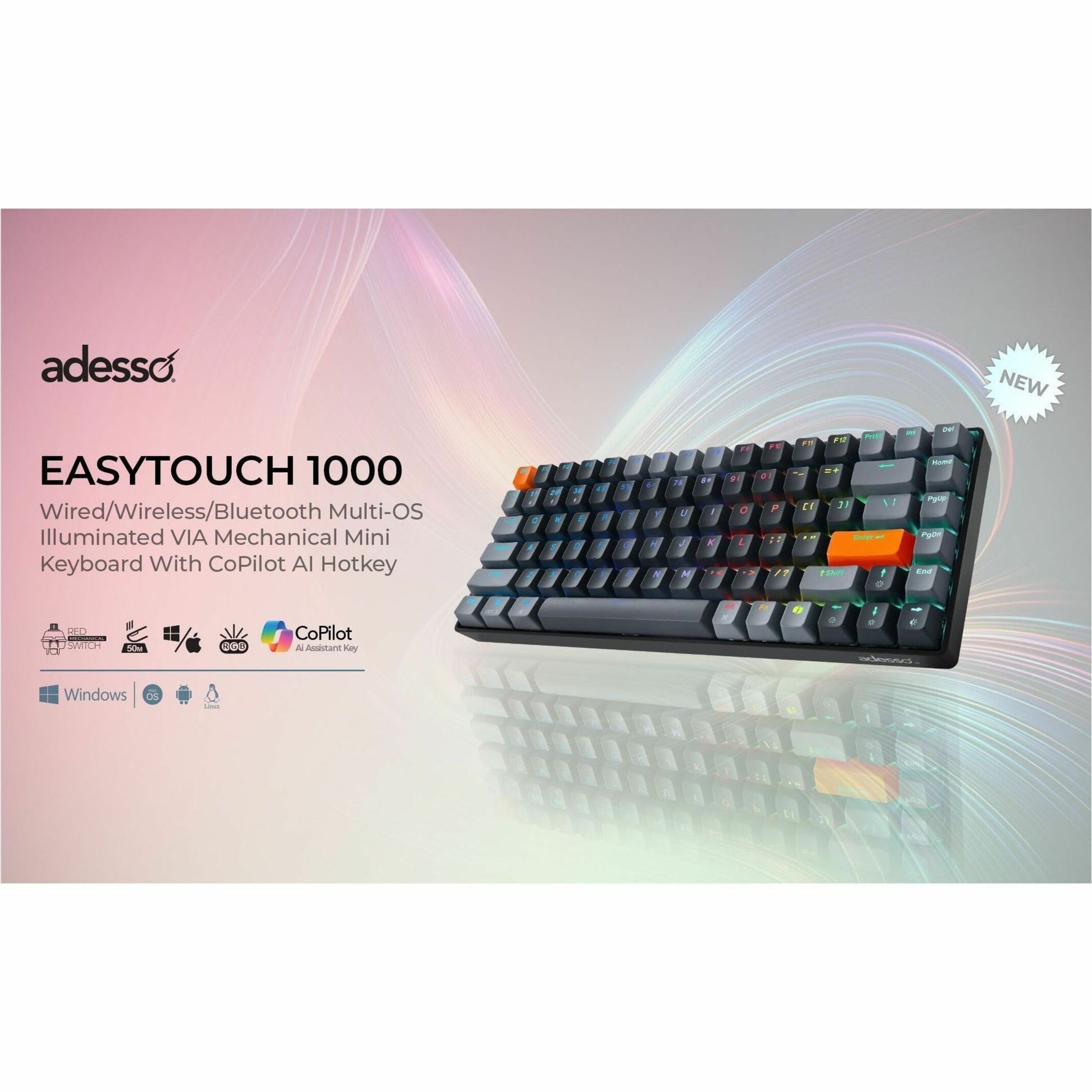 Adesso EasyTouch 1000 Keyboard - Wired/Wireless Connectivity - USB Interface - RGB LED - English (US) - Grey - Alternate view 12