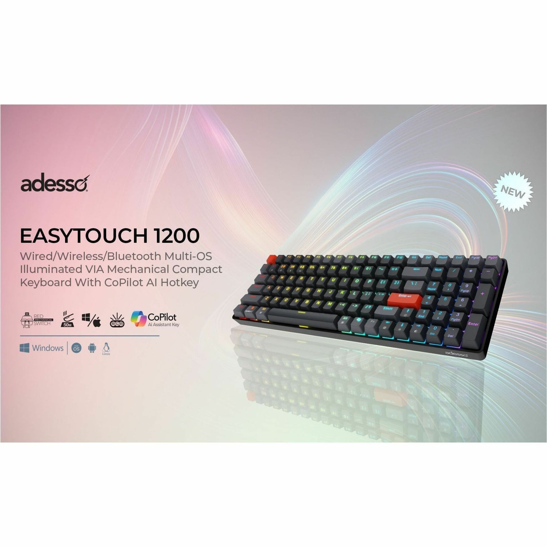 Adesso EasyTouch 1200 Keyboard - Wired/Wireless Connectivity - USB Interface - RGB LED - English (US) - Alternate view 21