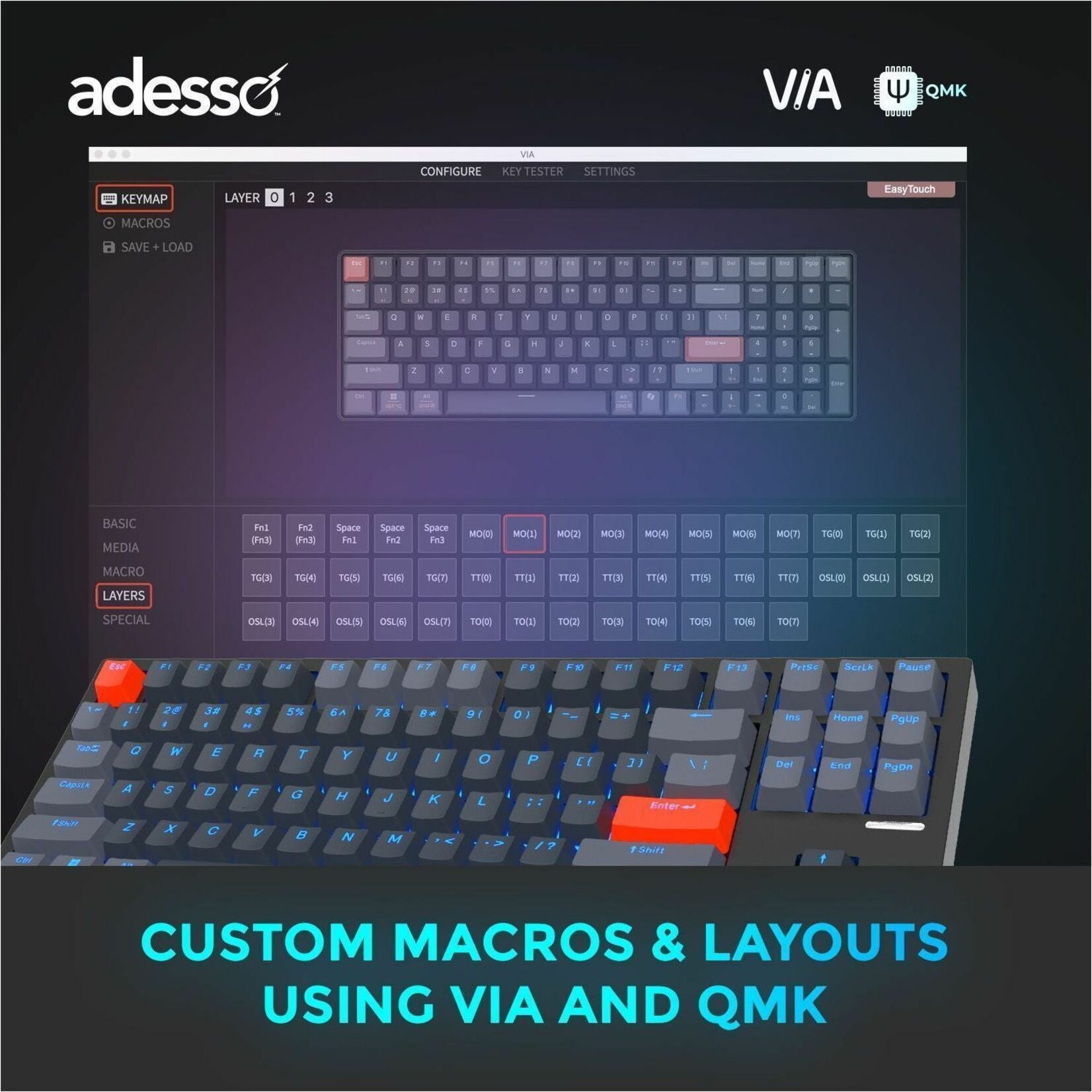 Adesso EasyTouch 1200 Keyboard - Wired/Wireless Connectivity - USB Interface - RGB LED - English (US) - Alternate view 20