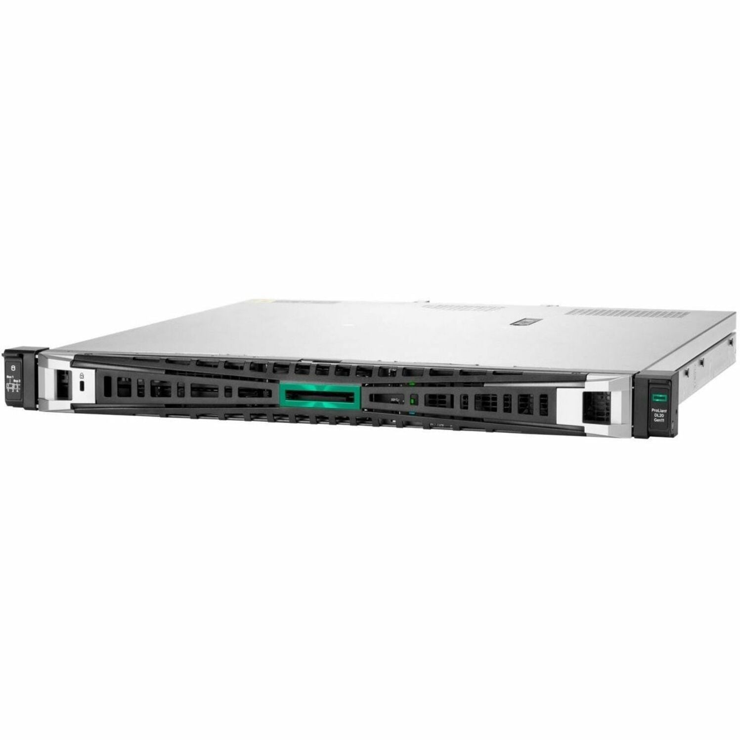 HPE ProLiant DL20 G11 1U Rack Server - 1 x Intel Xeon 6333P 3.10 GHz - 32 GB RAM - 1.92 TB SSD - (2 x 960GB) SSD Configuration - Serial ATA/600, 12Gb/s SAS, NVMe Controller - Left view