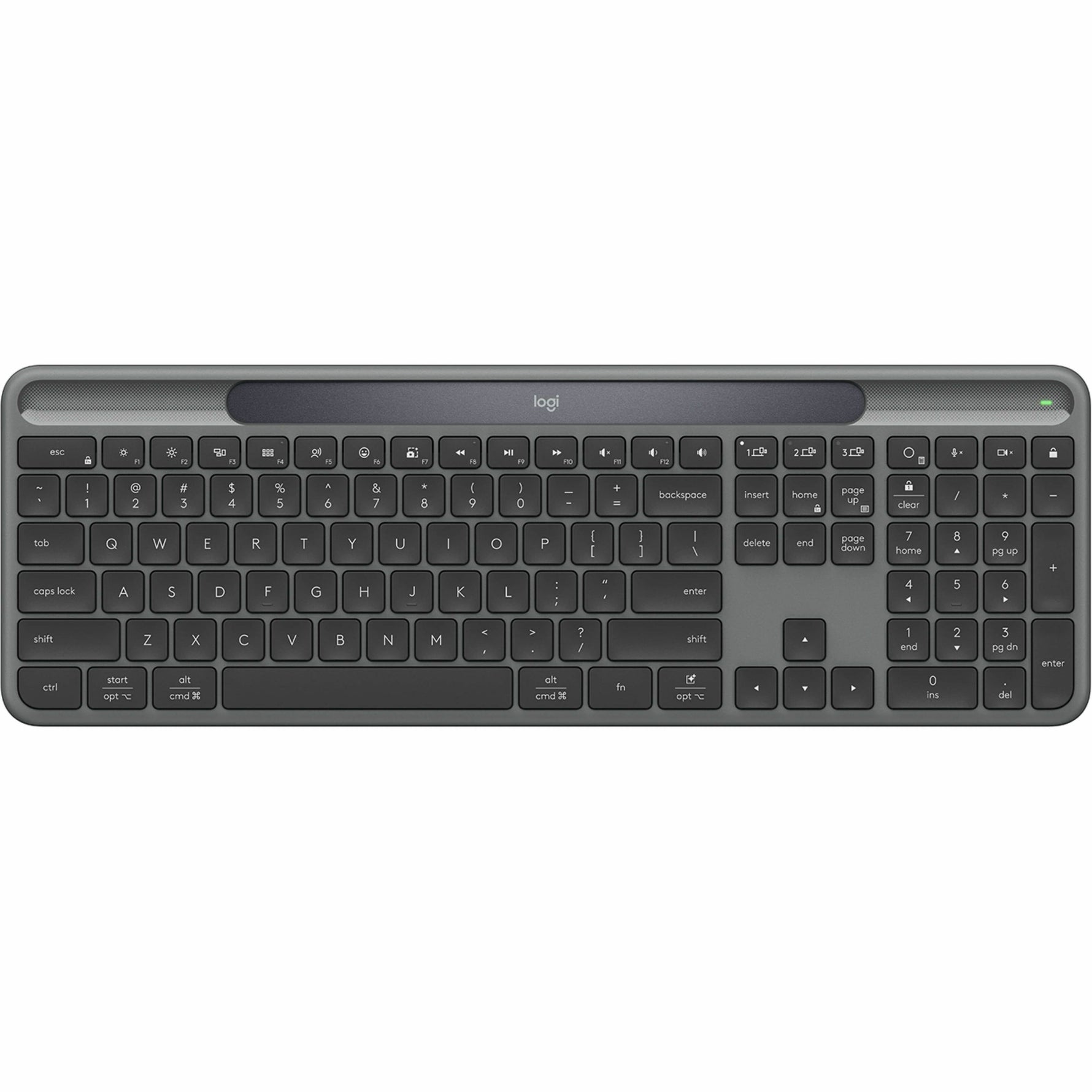 Logitech Signature Slim Solar+ K980 Keyboard - Full-size - Wireless Connectivity - USB Type A, USB Type C Interface - English (US) - QWERTY Layout - Graphite - Top view