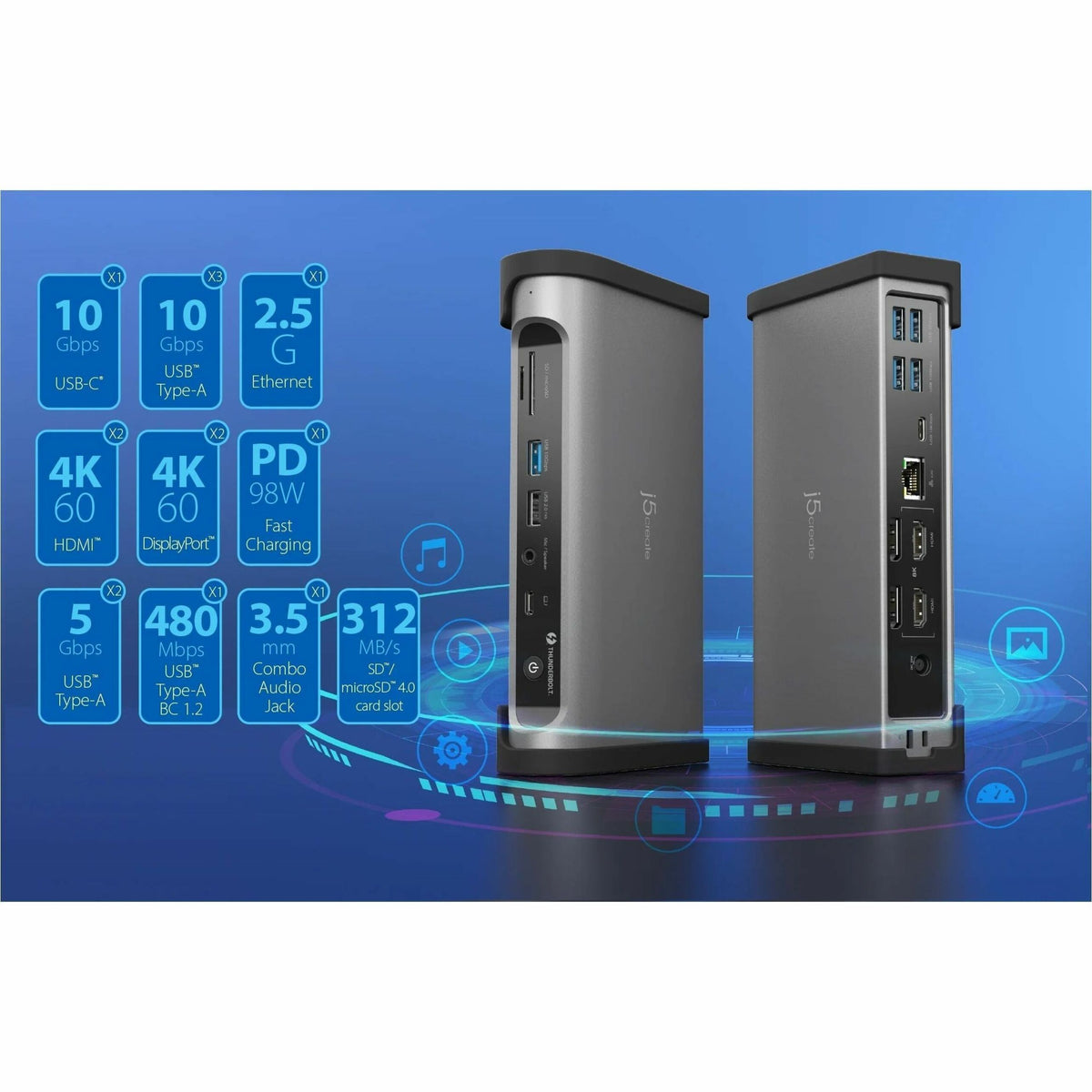 j5create JTD568 Thunderbolt 4 Docking Station for Notebook, MacBook, Mobile Device - Charging Capability - Memory Card Reader - SD - 135 W - Space Gray - Alternate view 9