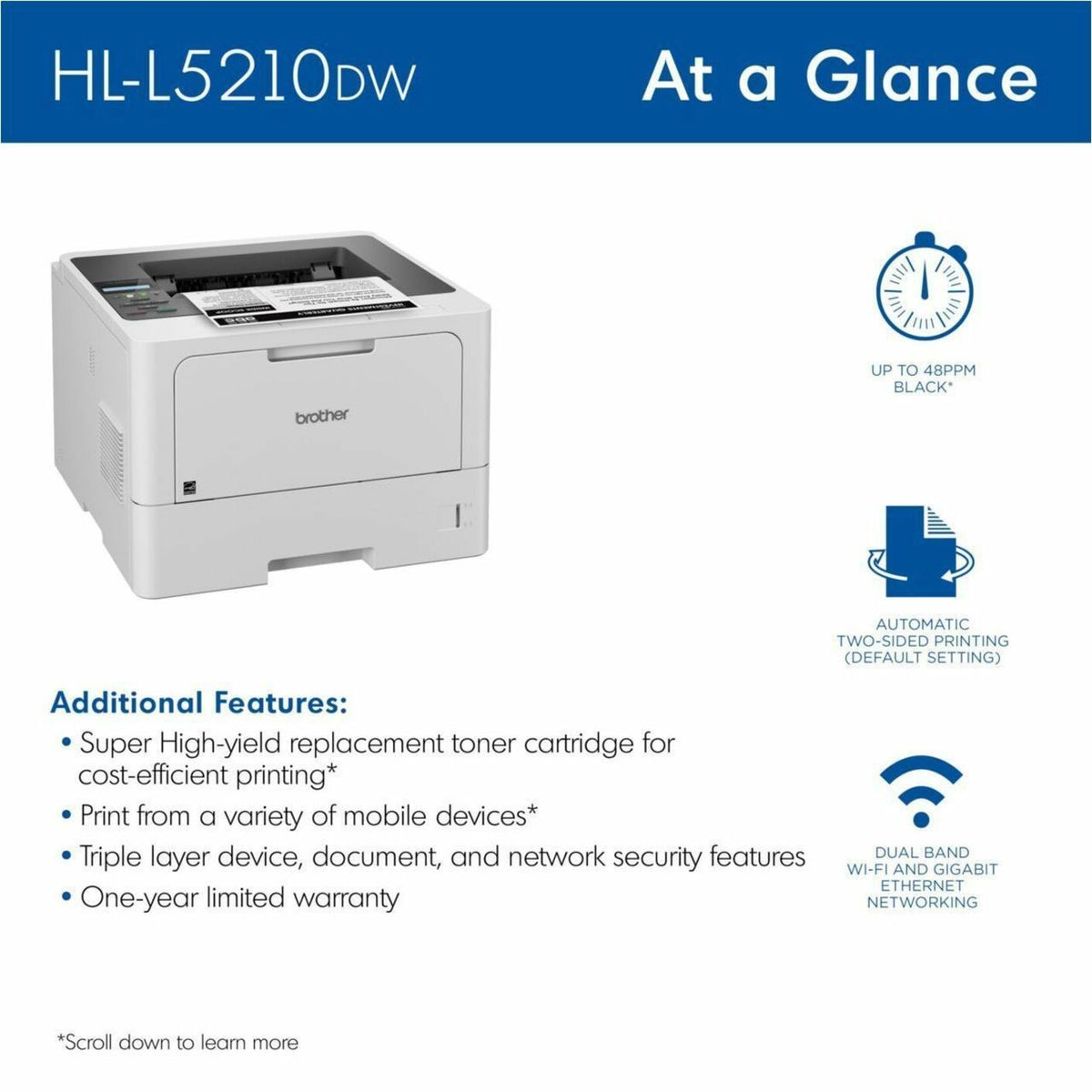 Brother HL-L5210DW Desktop Wireless Laser Printer - Monochrome